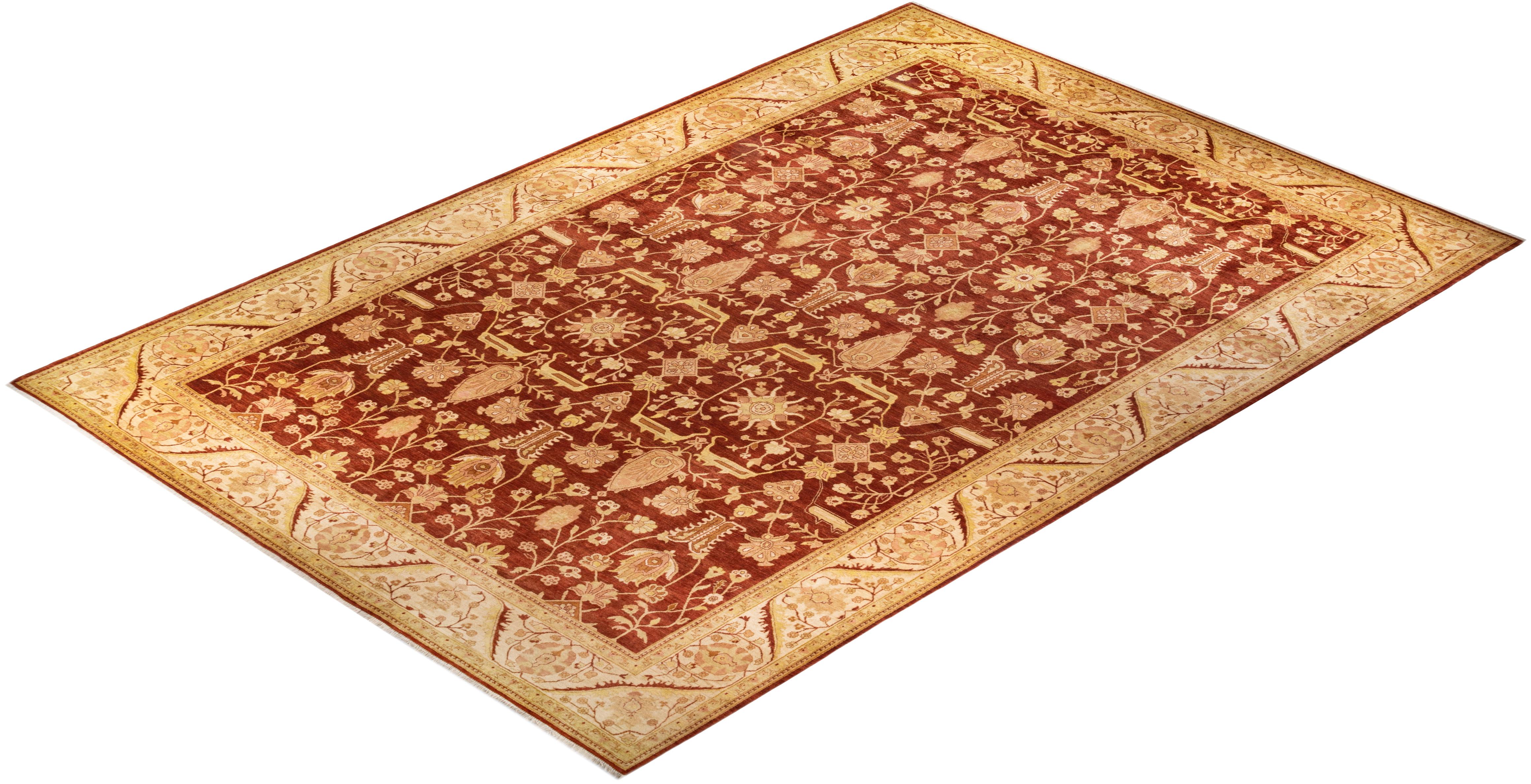 Handgeknüpfter, eklektischer orangefarbener Teppich mit Blumenmuster, Unikat im Angebot 2
