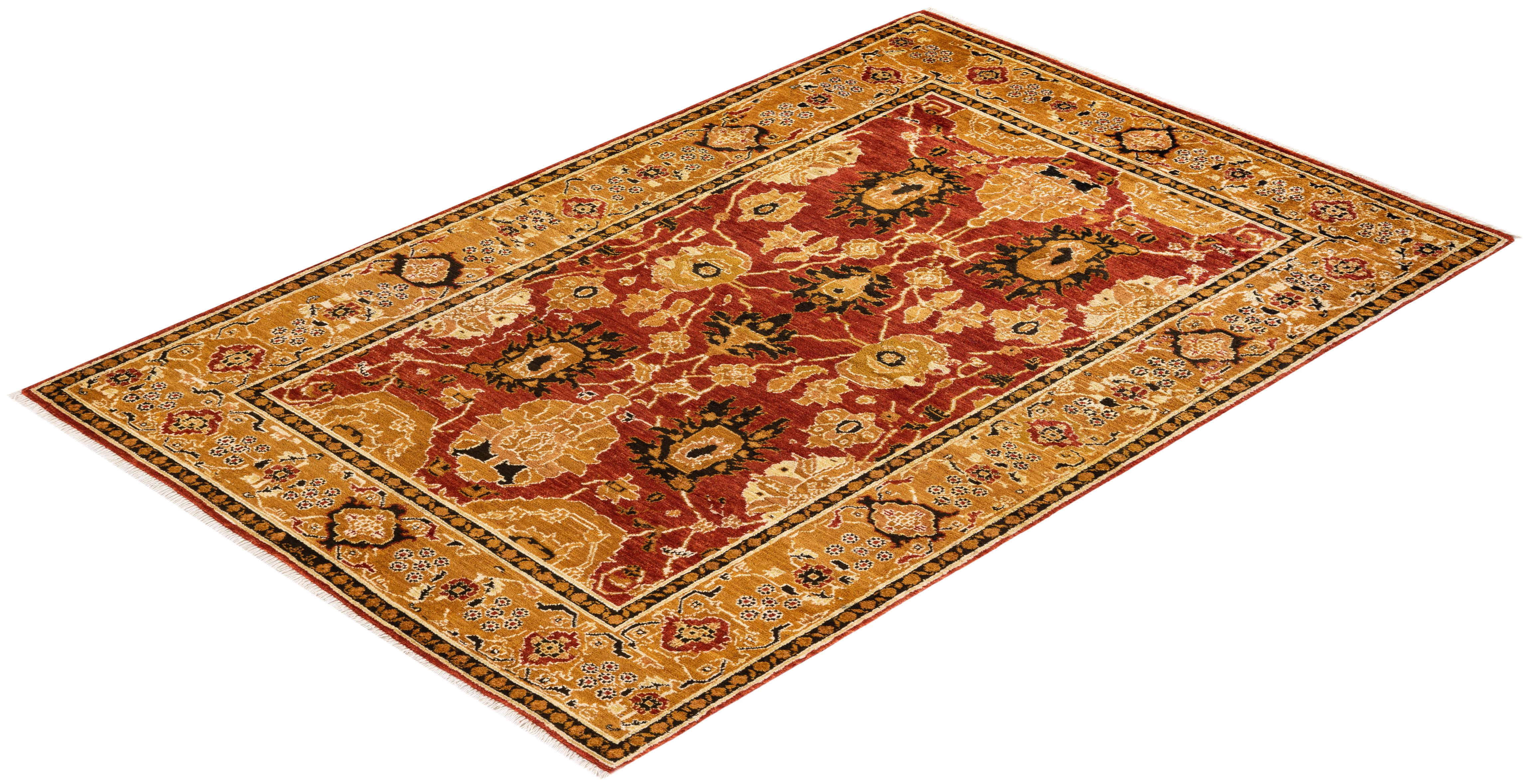 Handgeknüpfter, eklektischer orangefarbener Teppich mit Blumenmuster, Unikat, Unikat im Angebot 2