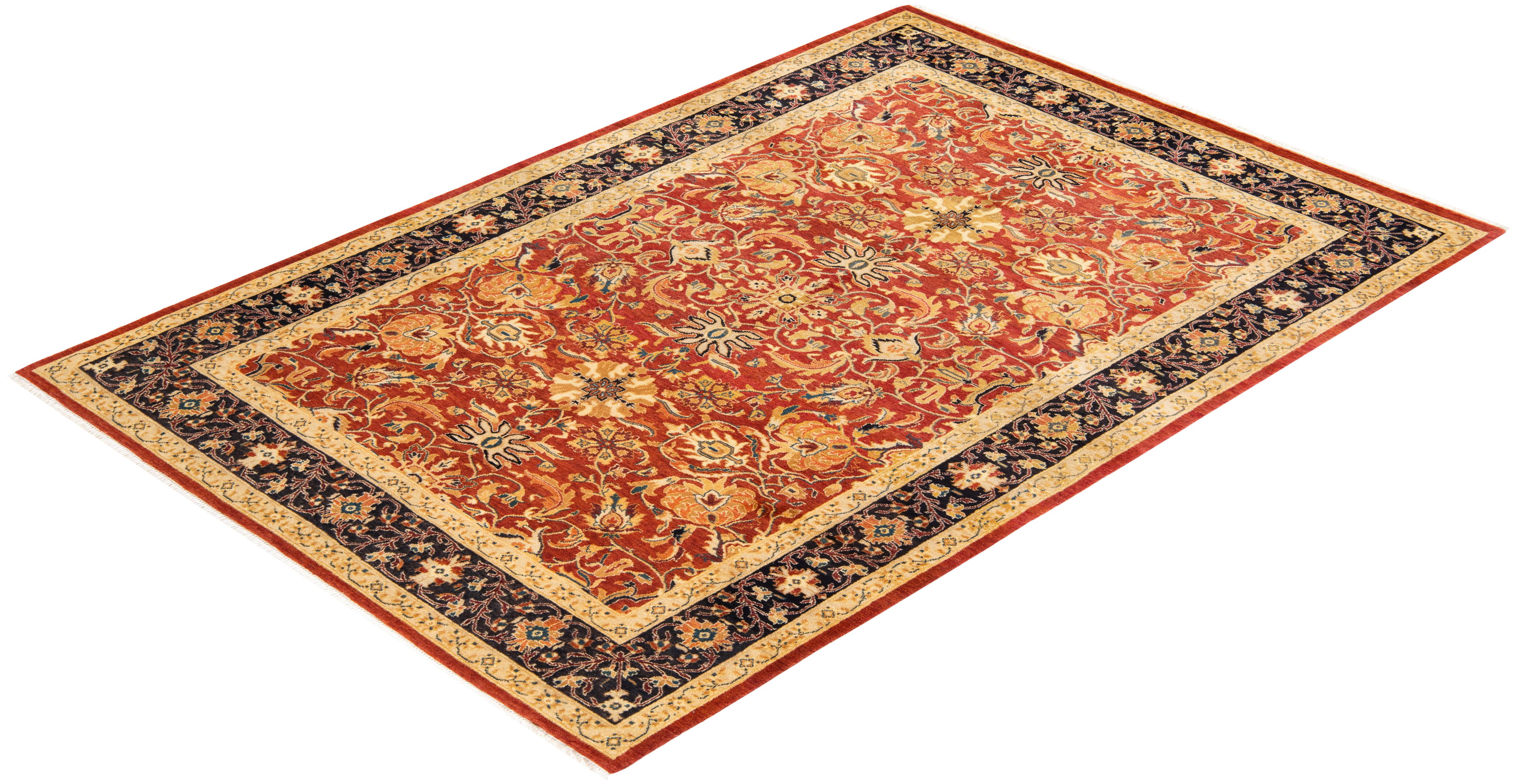 One-Of-A-Kind Hand Knotted Floral Eclectic Orange Area Rug For Sale 2