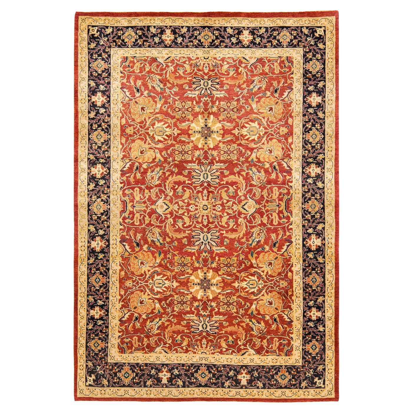 One-Of-A-Kind Hand Knotted Floral Eclectic Orange Area Rug