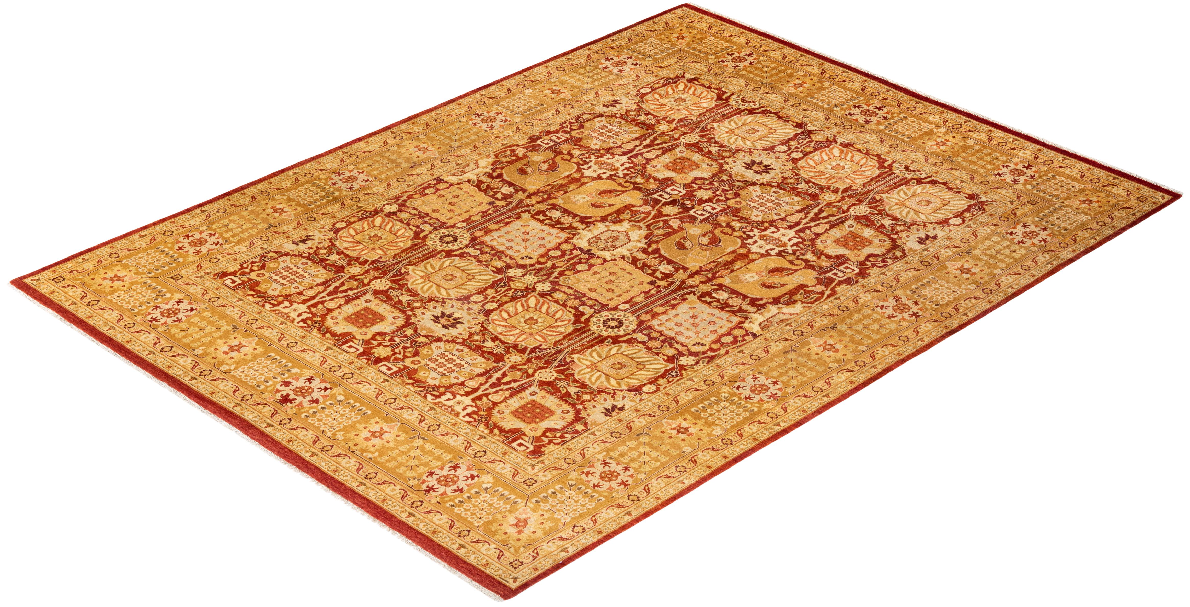 Handgeknüpfter, eklektischer orangefarbener Teppich mit Blumenmuster, Unikat im Angebot 2