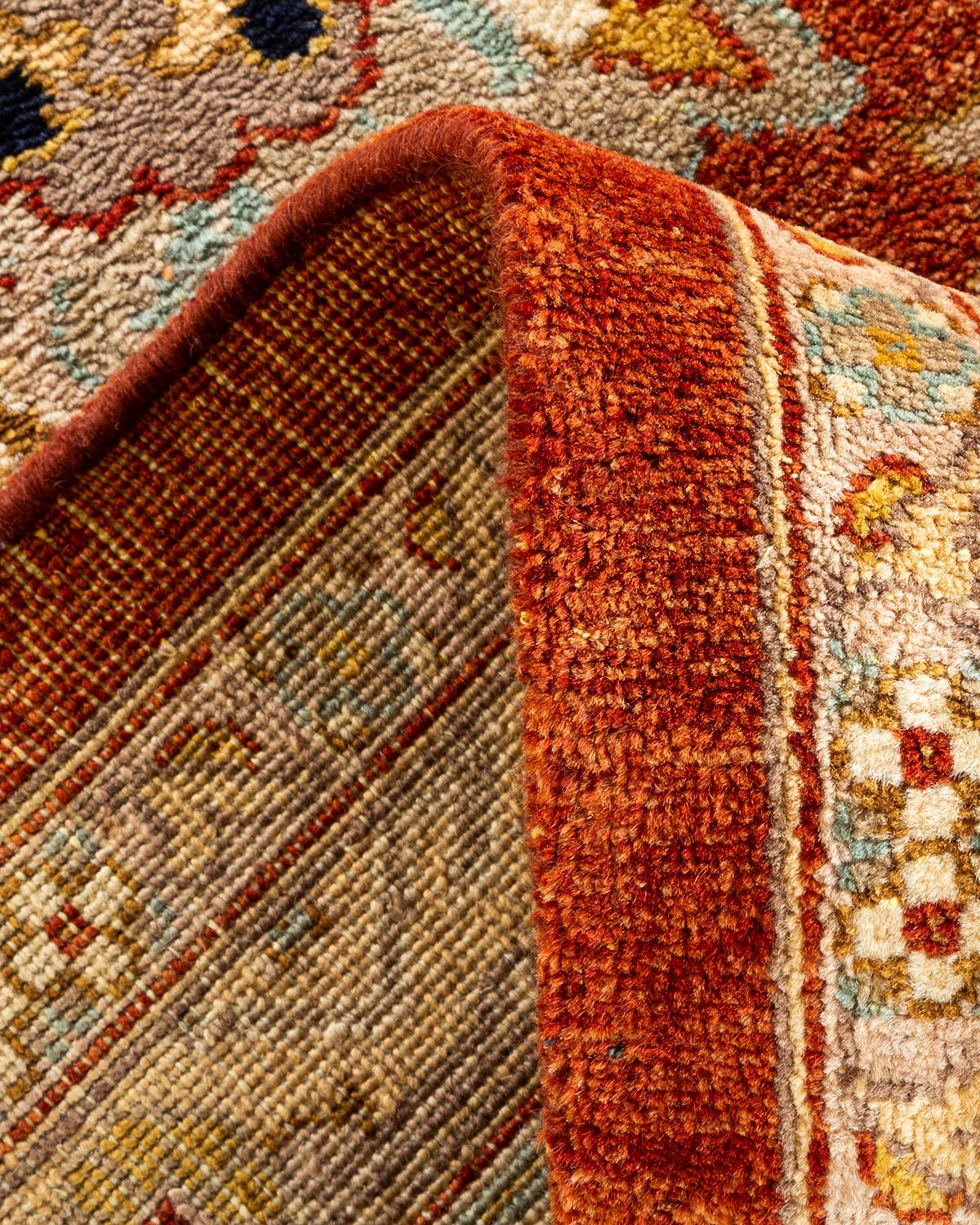 Laine Tapis orange éclectique noué à la main, unique en son genre, à motifs floraux en vente