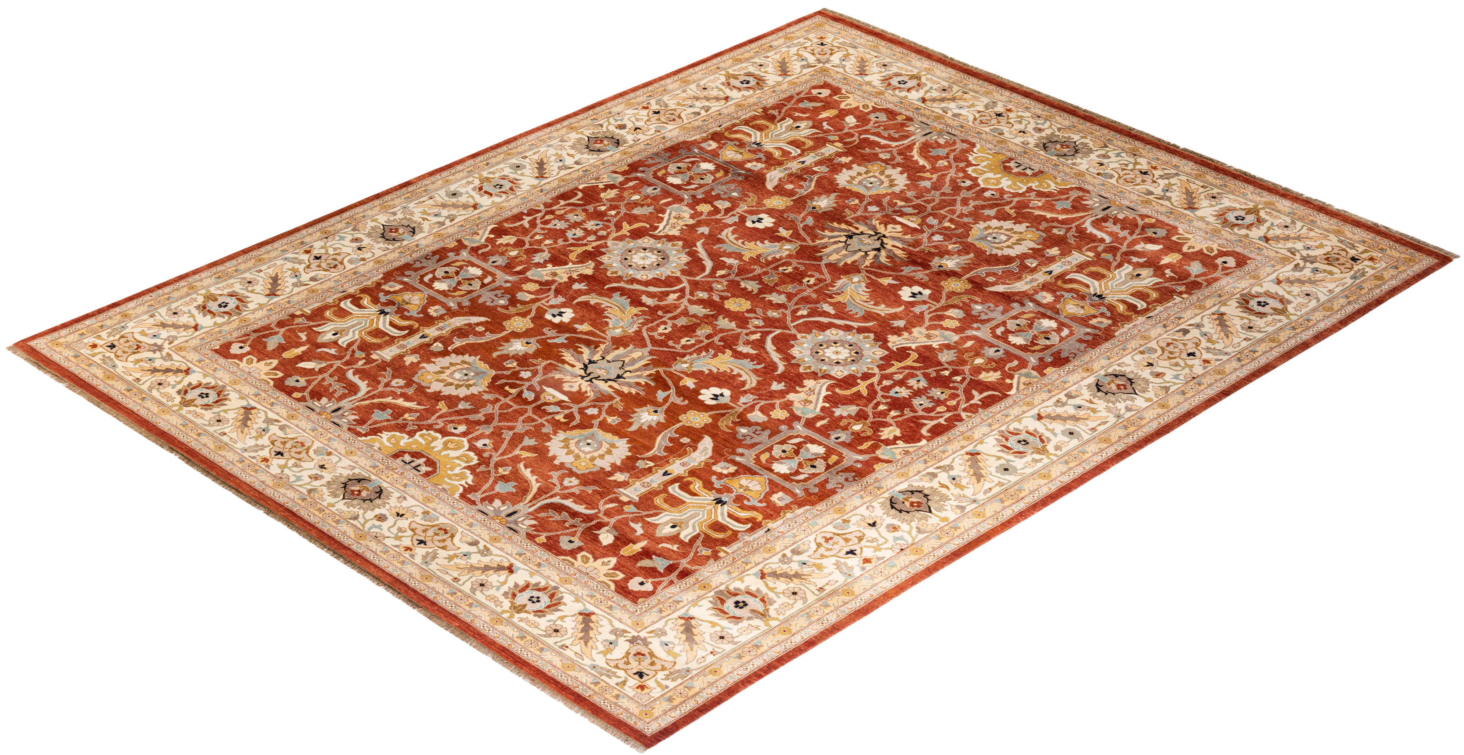Tapis orange éclectique noué à la main, unique en son genre, à motifs floraux en vente 2