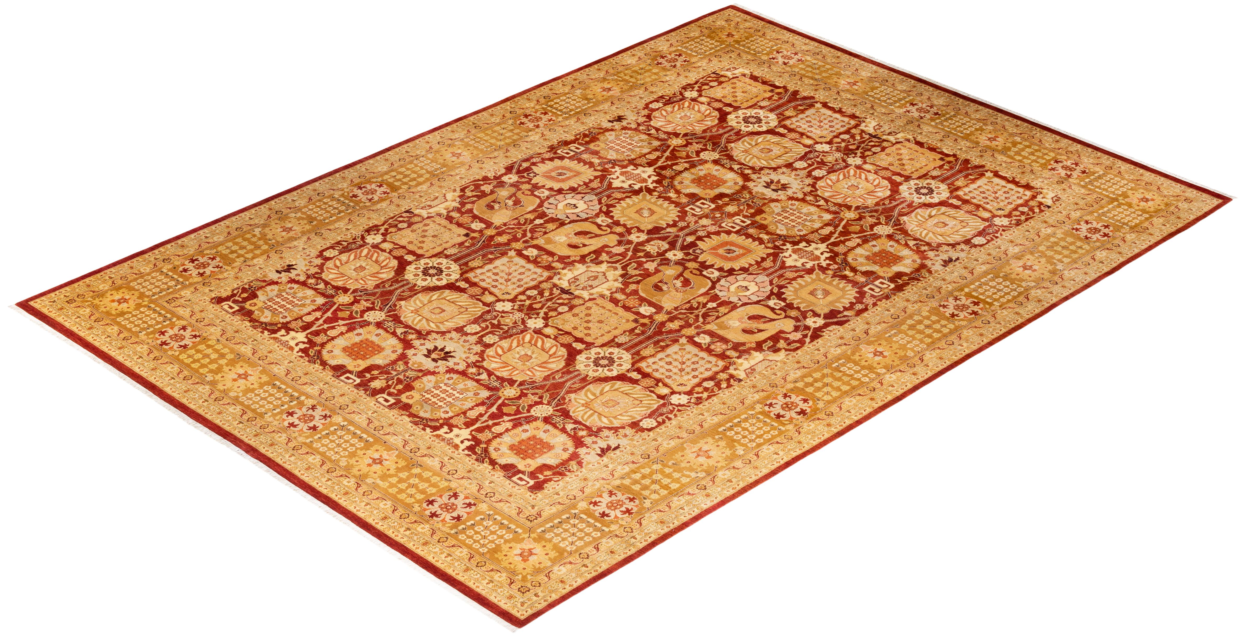 Tapis rouge éclectique noué à la main, unique en son genre, à motifs floraux en vente 2