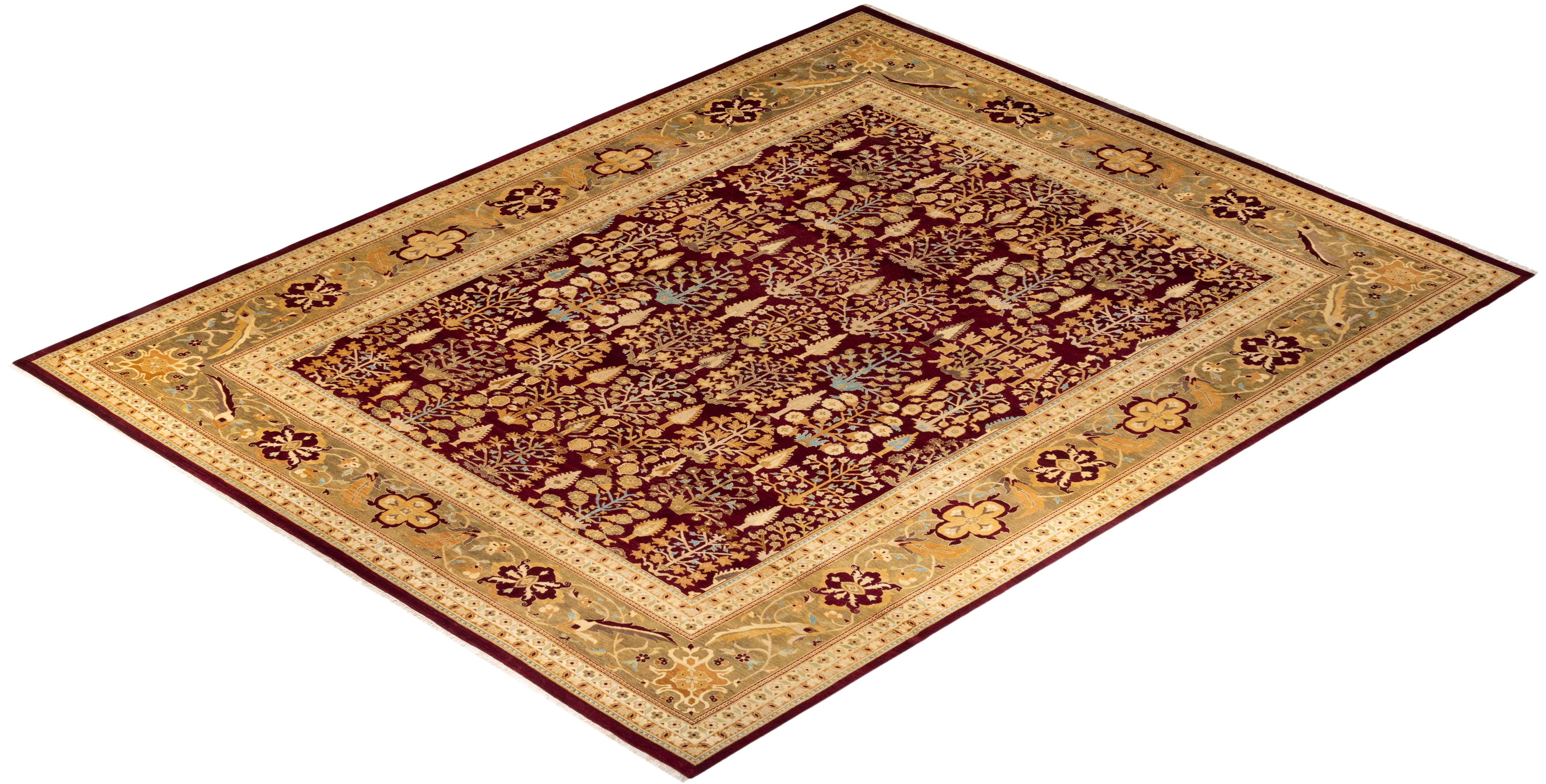 Tapis rouge éclectique noué à la main, unique en son genre, à motifs floraux en vente 2