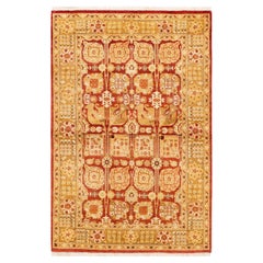 Handgeknüpfter, eklektischer roter Teppich mit Blumenmuster, Unikat