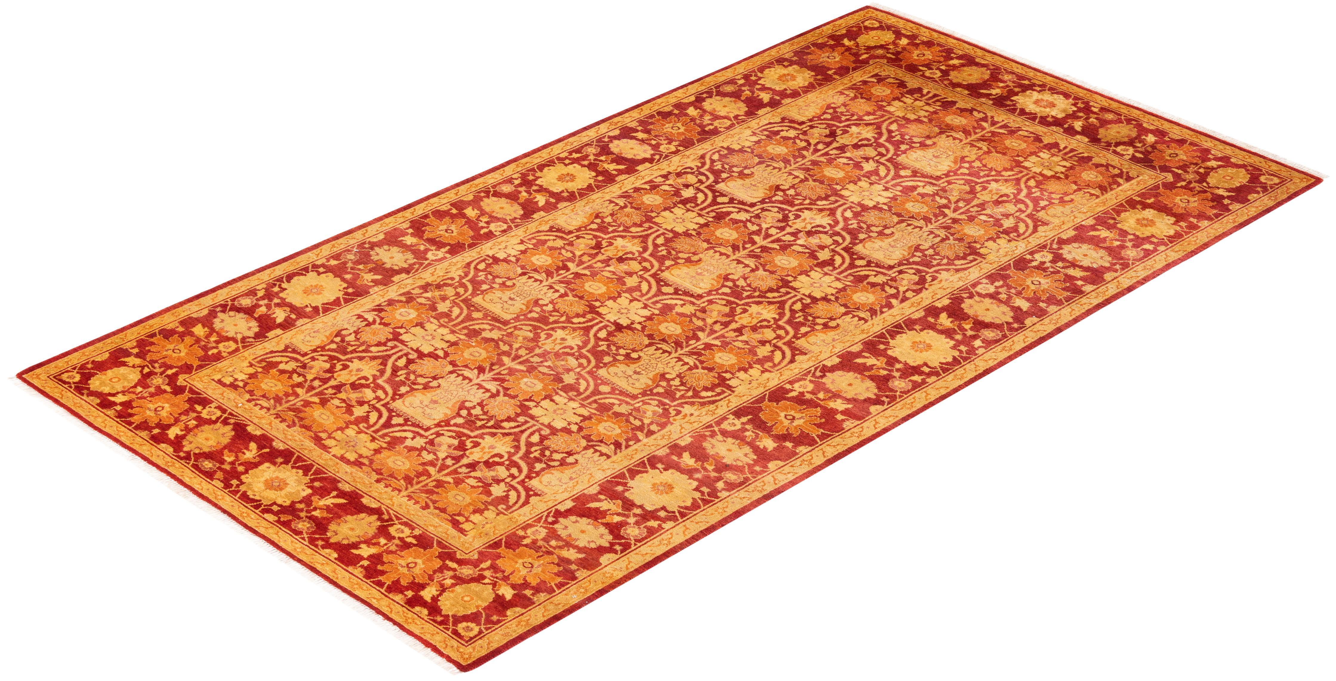 Tapis rouge éclectique noué à la main à motifs floraux, unique en son genre en vente 2