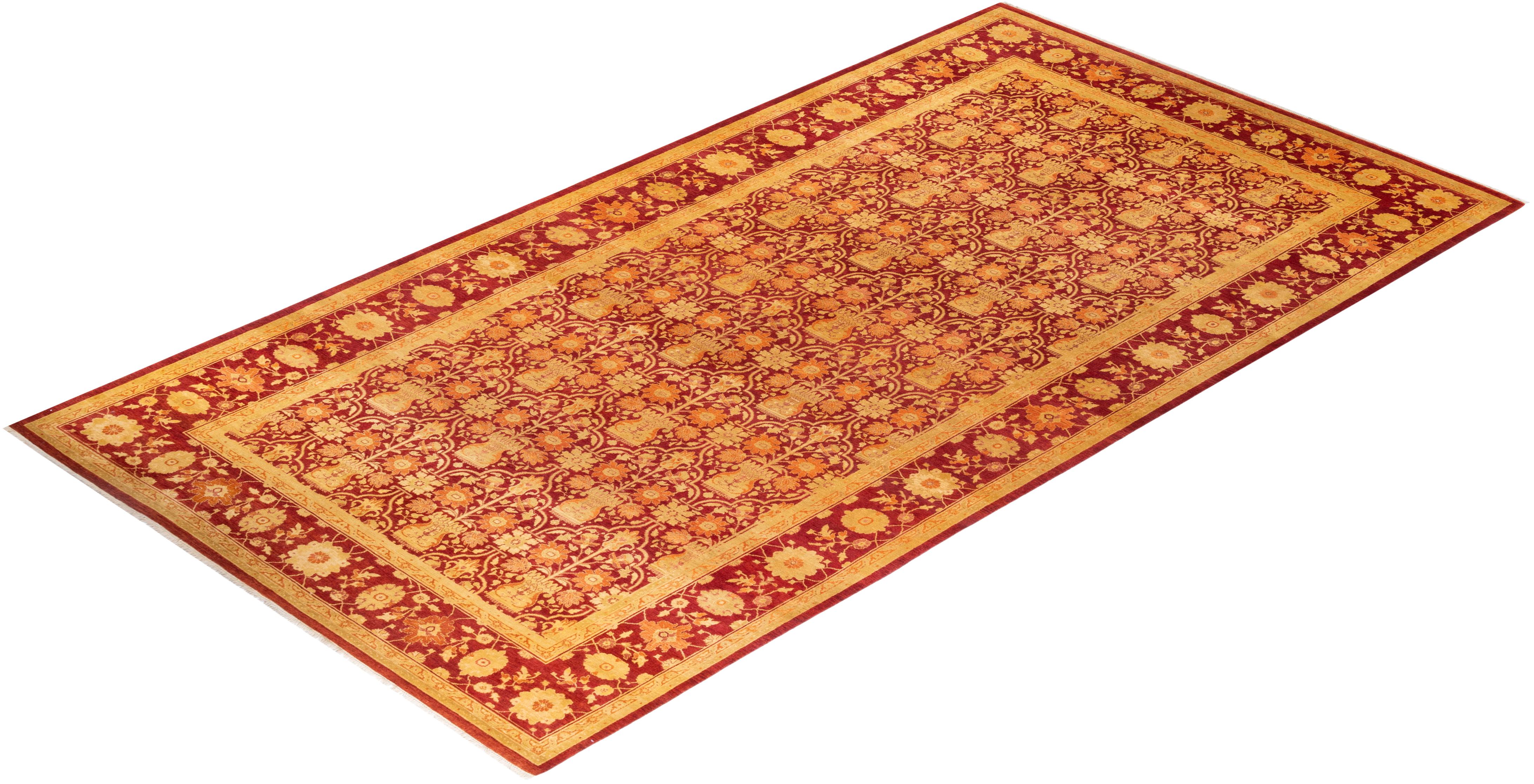 One-of-a-kind Hand Knotted Floral Eclectic Red Area Rug For Sale 2