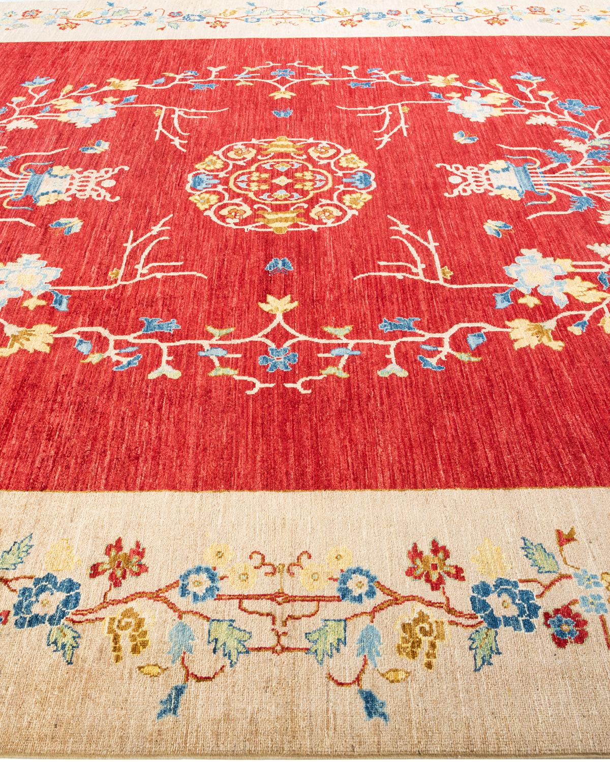 One-of-a-kind Hand Knotted Floral Eclectic Red Area Rug In New Condition For Sale In Norwalk, CT