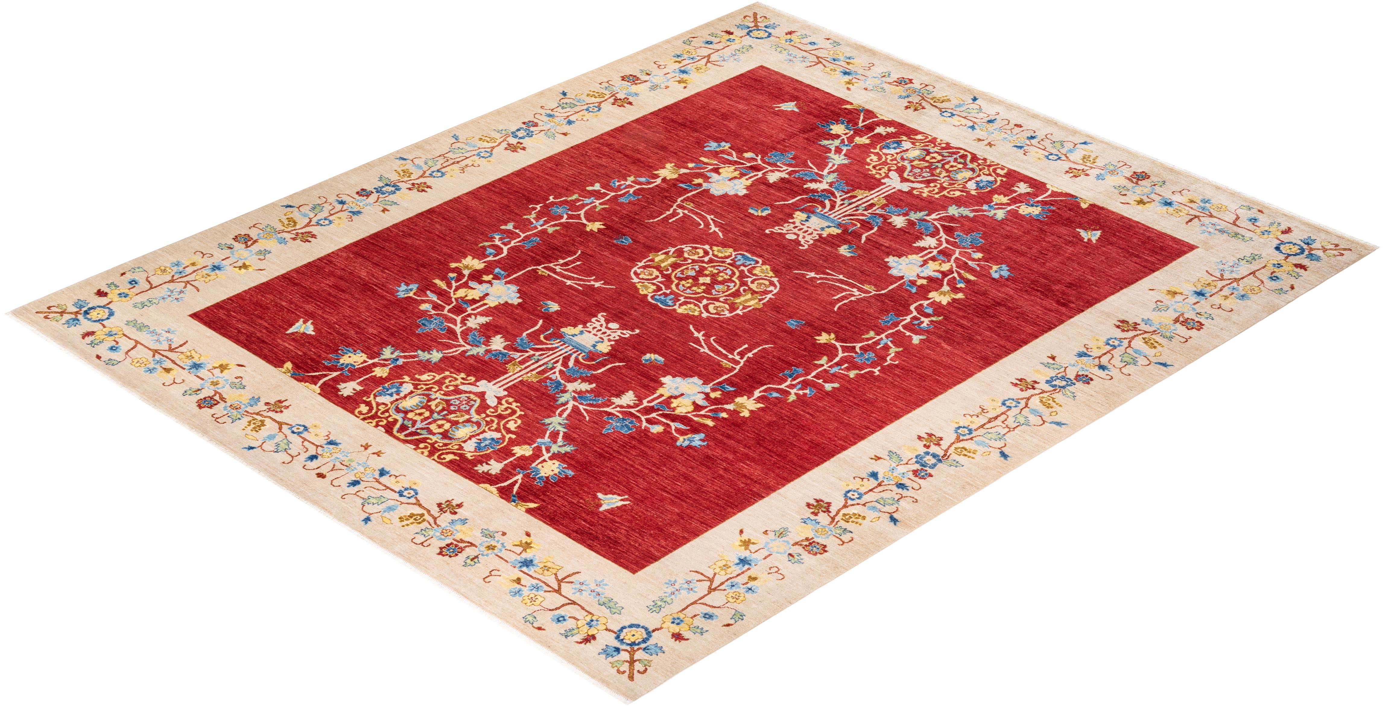 One-of-a-kind Hand Knotted Floral Eclectic Red Area Rug For Sale 2