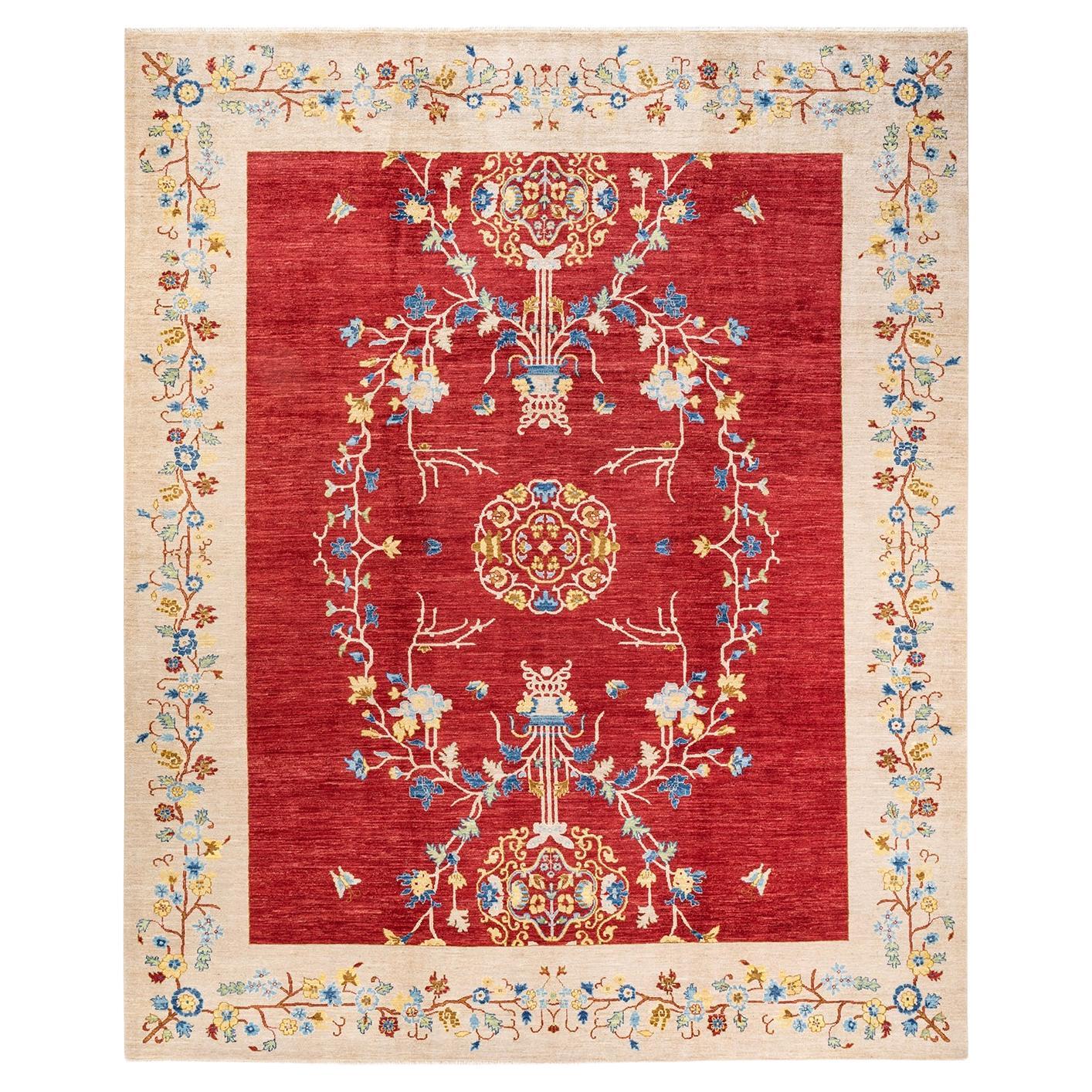One-of-a-kind Hand Knotted Floral Eclectic Red Area Rug For Sale