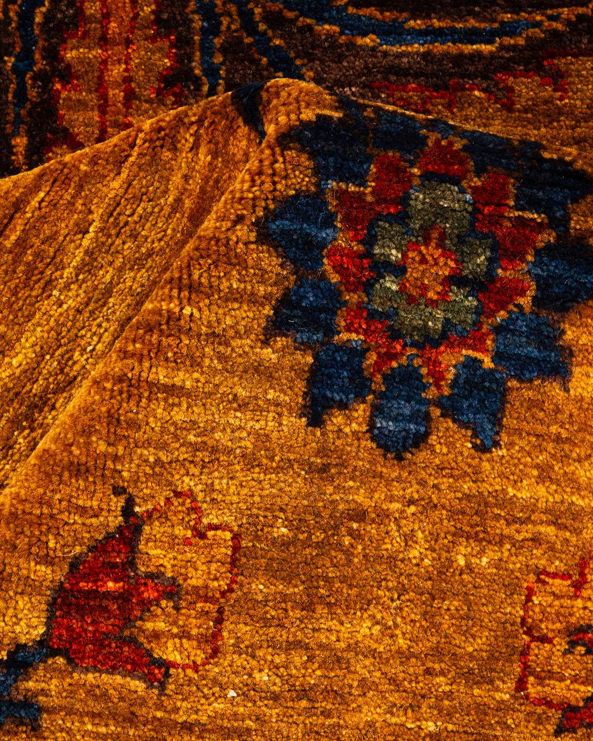 One-of-a-Kind Hand Knotted Floral Eclectic Yellow Area Rug For Sale 1
