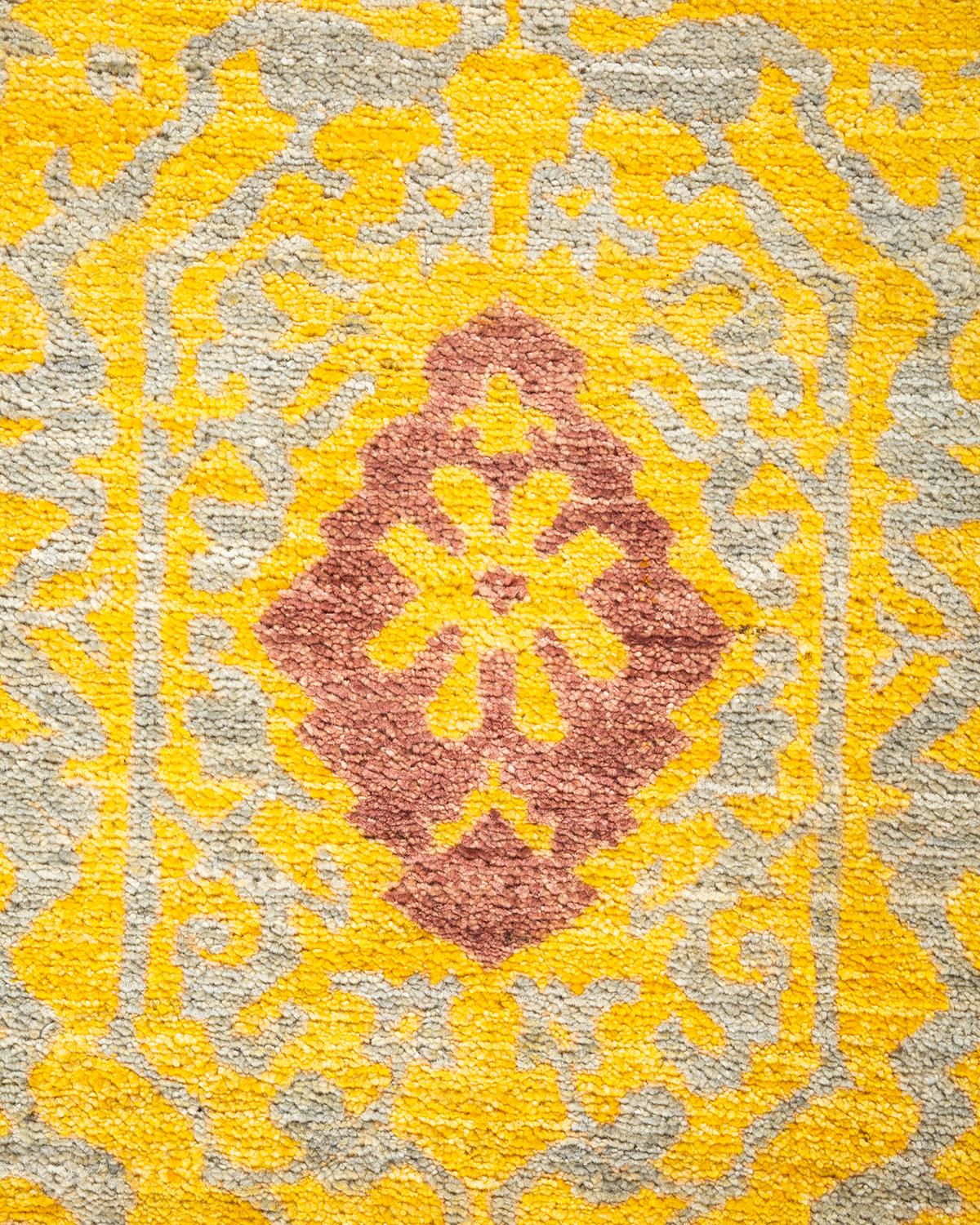 Pakistani One-of-a-Kind Hand Knotted Floral Eclectic Yellow Area Rug For Sale
