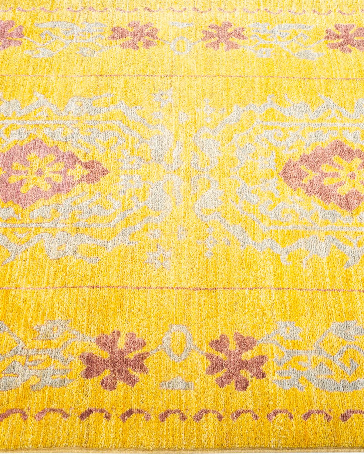 One-of-a-Kind Hand Knotted Floral Eclectic Yellow Area Rug In New Condition For Sale In Norwalk, CT