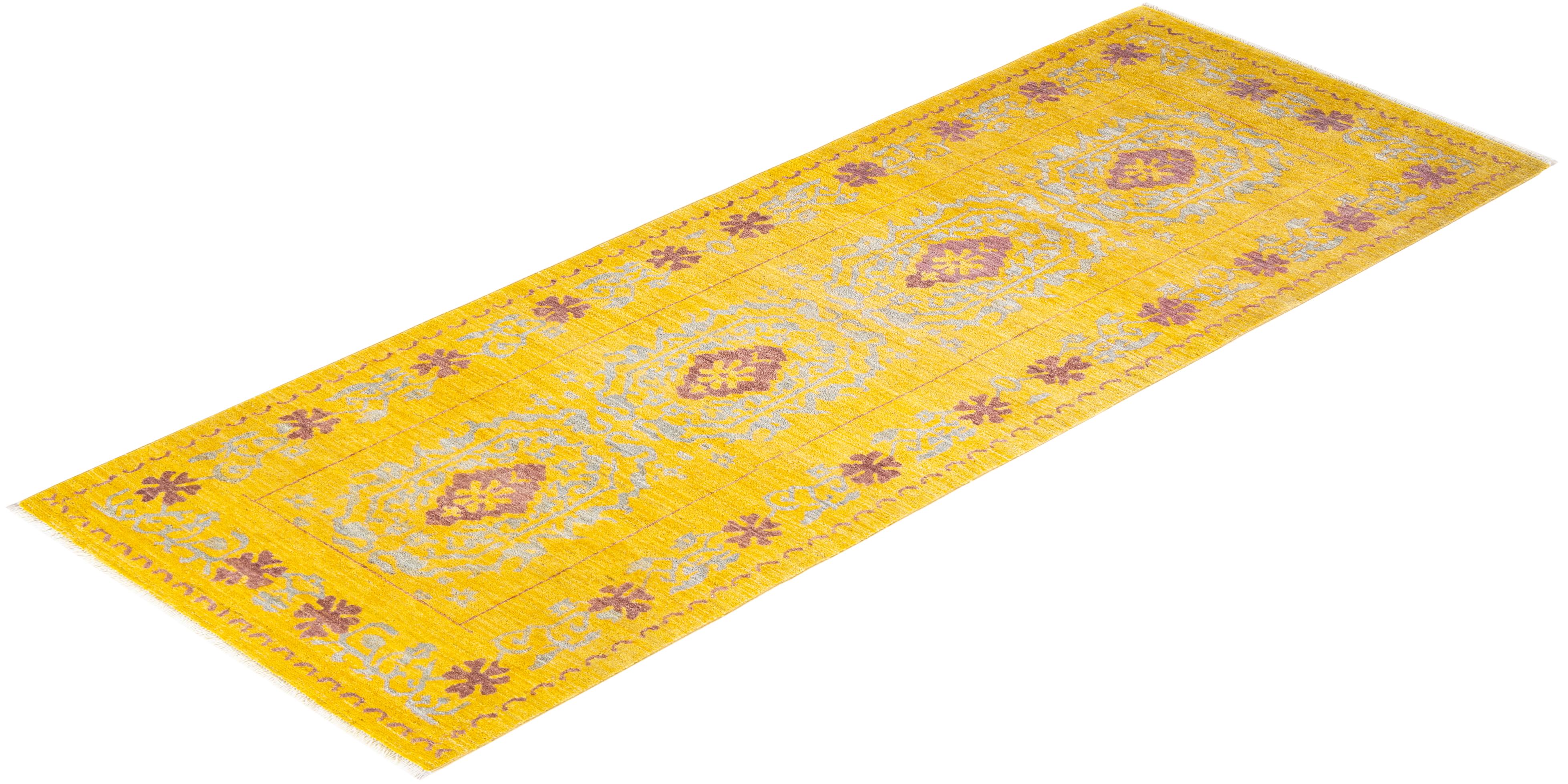 One-of-a-Kind Hand Knotted Floral Eclectic Yellow Area Rug For Sale 2