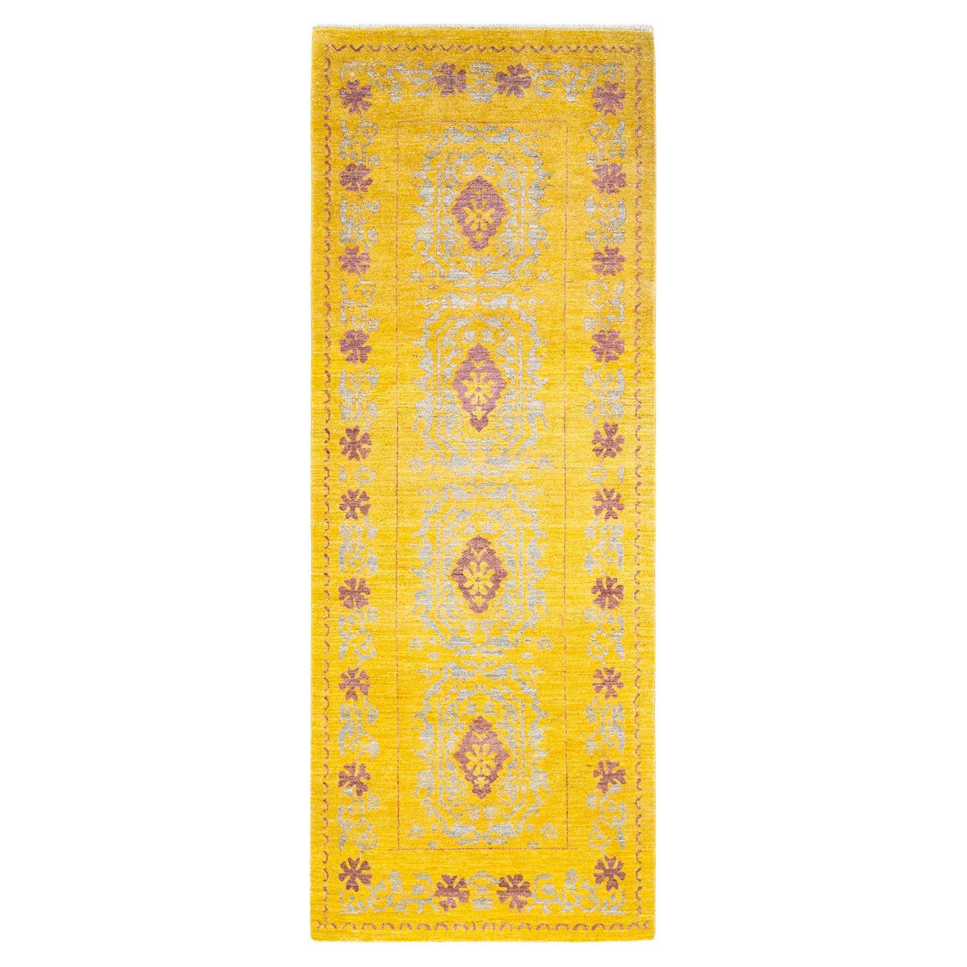One-of-a-Kind Hand Knotted Floral Eclectic Yellow Area Rug For Sale