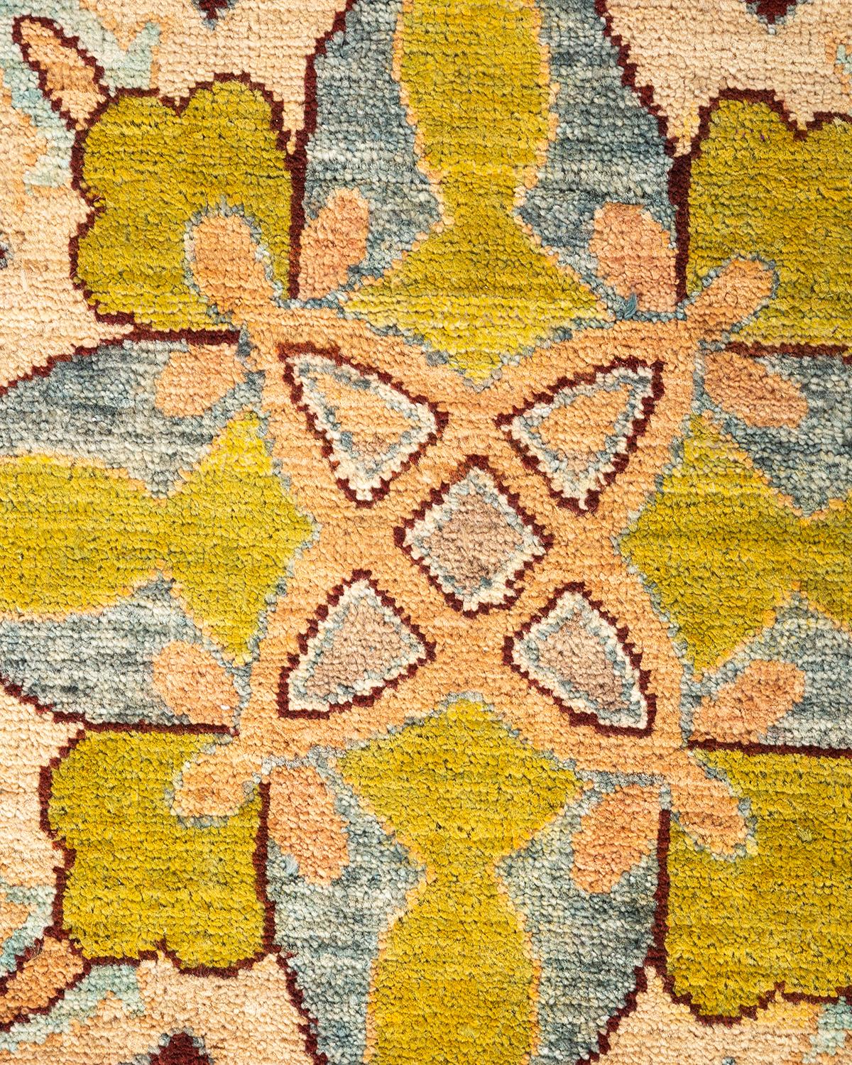 Pakistani One-of-a-kind Hand Knotted Floral Eclectic Yellow Area Rug For Sale