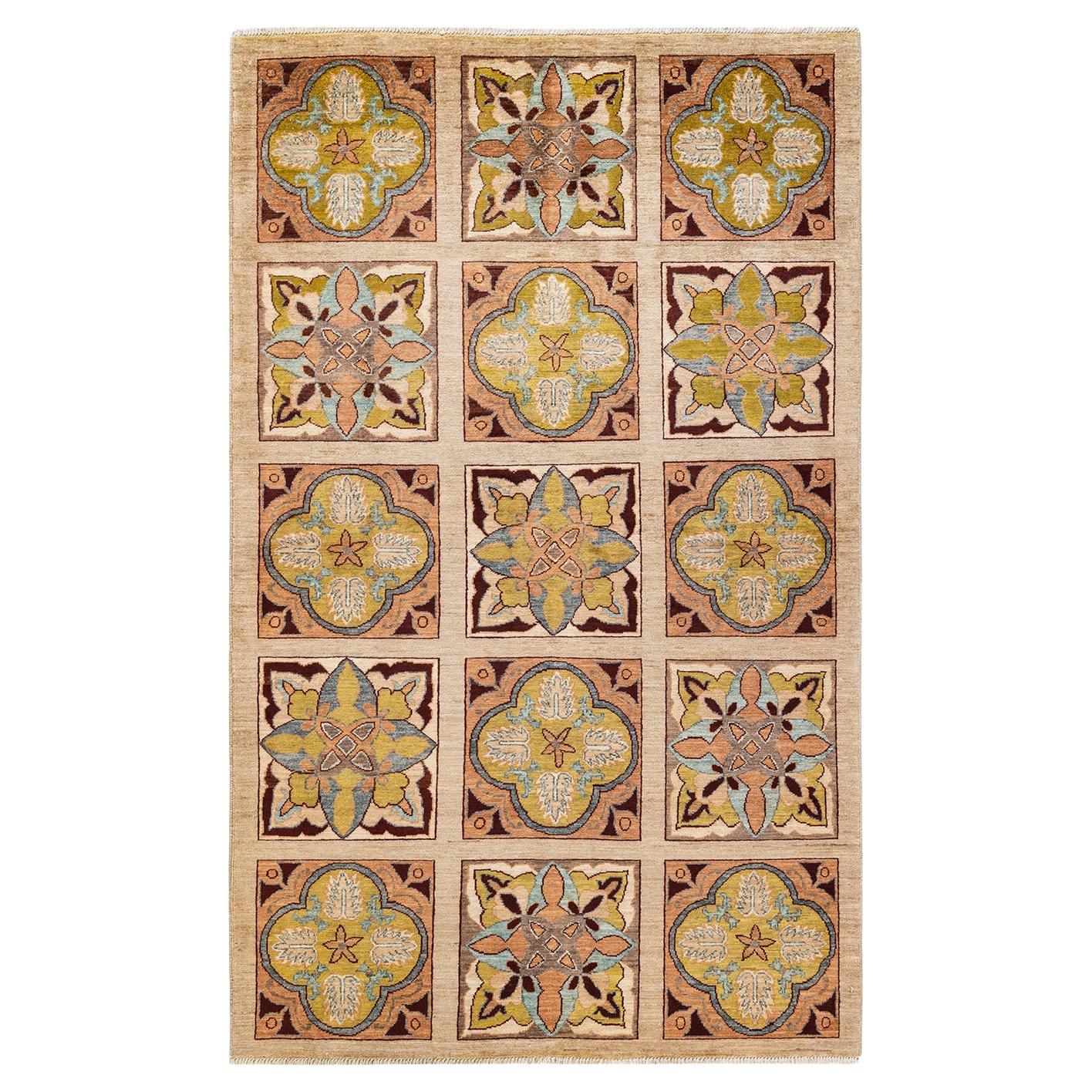One-of-a-kind Hand Knotted Floral Eclectic Yellow Area Rug For Sale