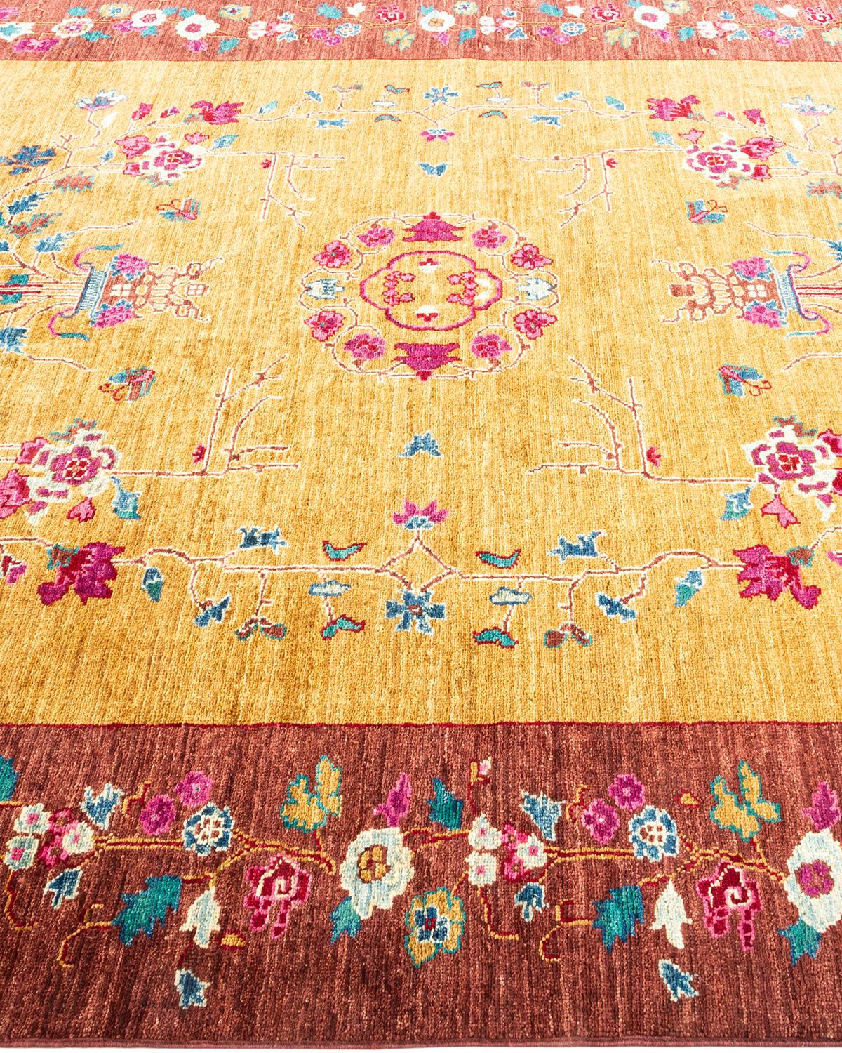 One-of-a-kind Hand Knotted Floral Eclectic Yellow Area Rug In New Condition For Sale In Norwalk, CT