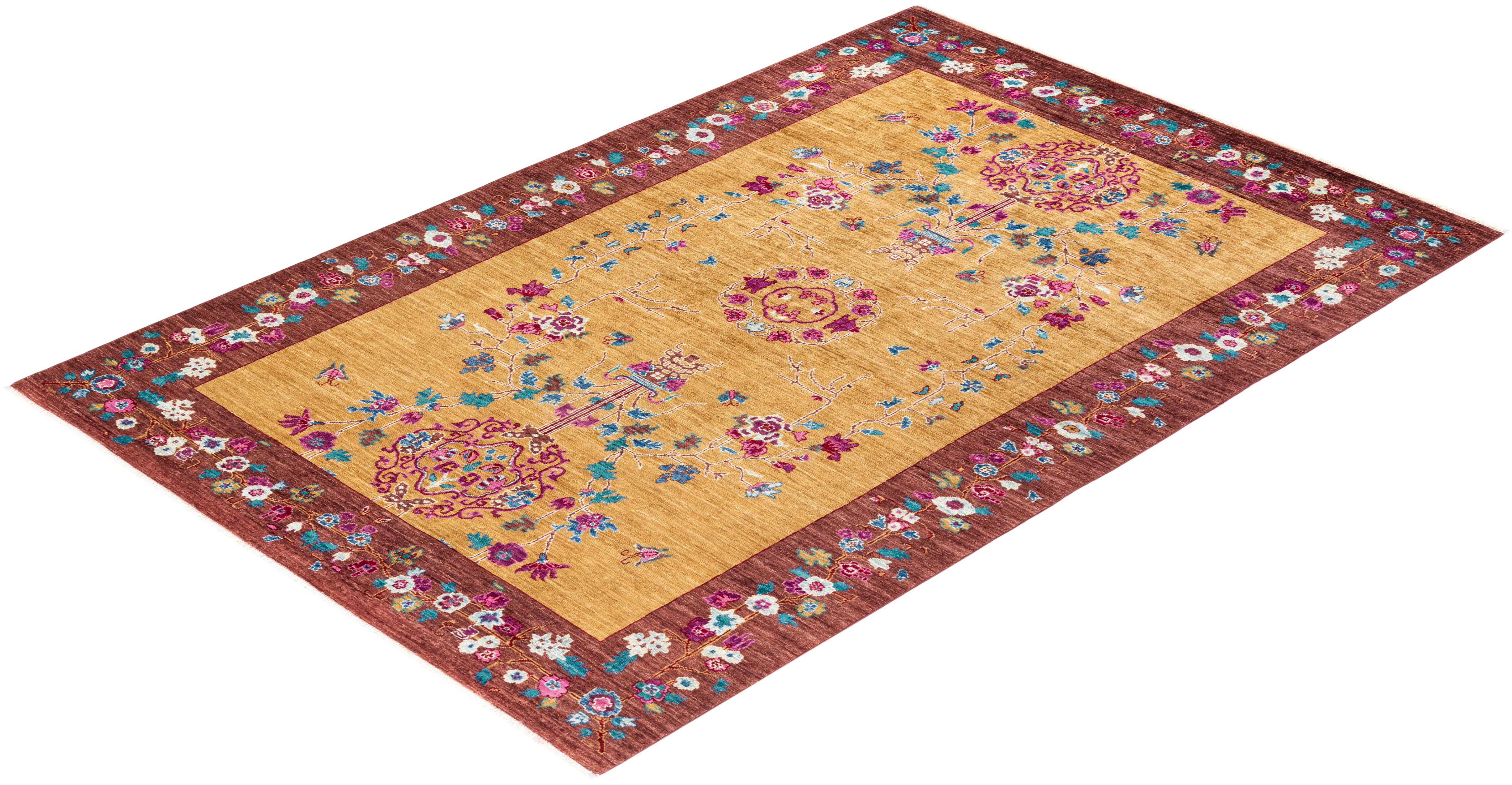 One-of-a-kind Hand Knotted Floral Eclectic Yellow Area Rug For Sale 2