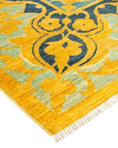 Handgeknüpfter, eklektischer gelber Teppich mit Blumenmuster, 2,74 m x 3,66 m, Unikat