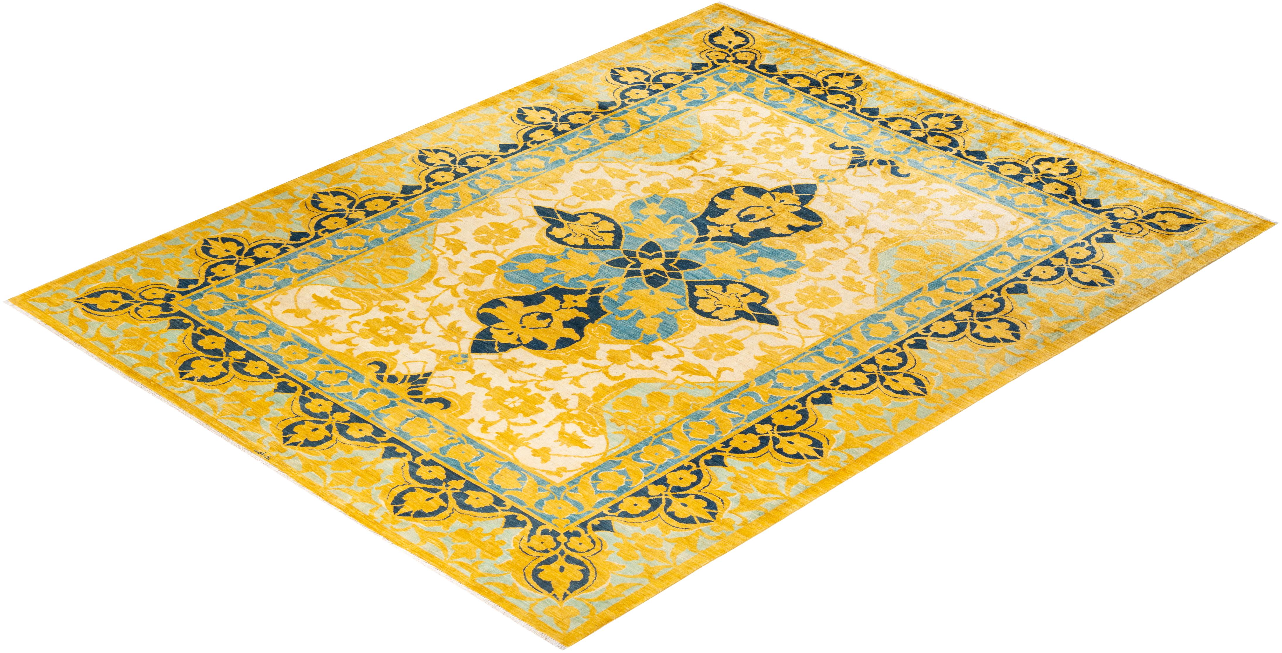One-Of-A-Kind Hand Knotted Floral Eclectic Yellow Area Rug 9' 3