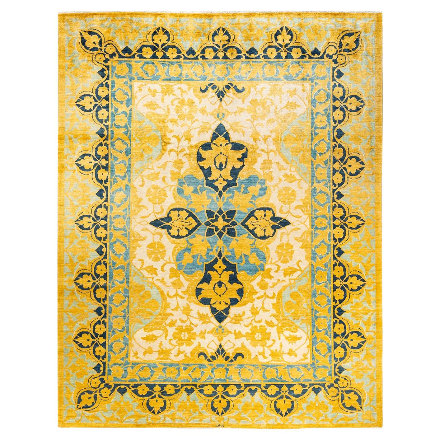 One-Of-A-Kind Hand Knotted Floral Eclectic Yellow Area Rug 9' 3" x 11' 10" For Sale