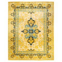 One-Of-A-Kind Hand Knotted Floral Eclectic Yellow Area Rug 9' 3" x 11' 10"