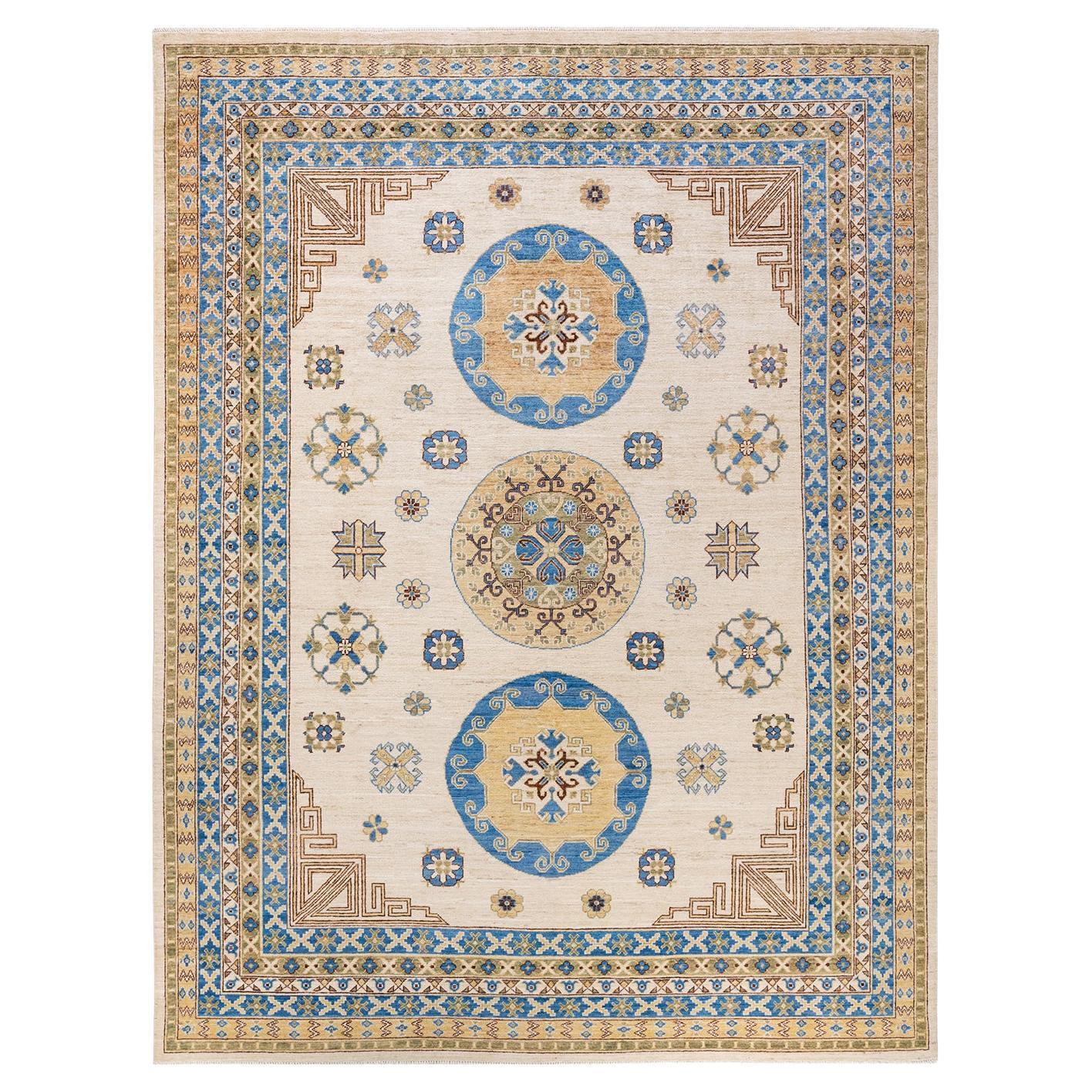 One-of-a-kind Hand Knotted Floral Khotan Ivory Area Rug For Sale