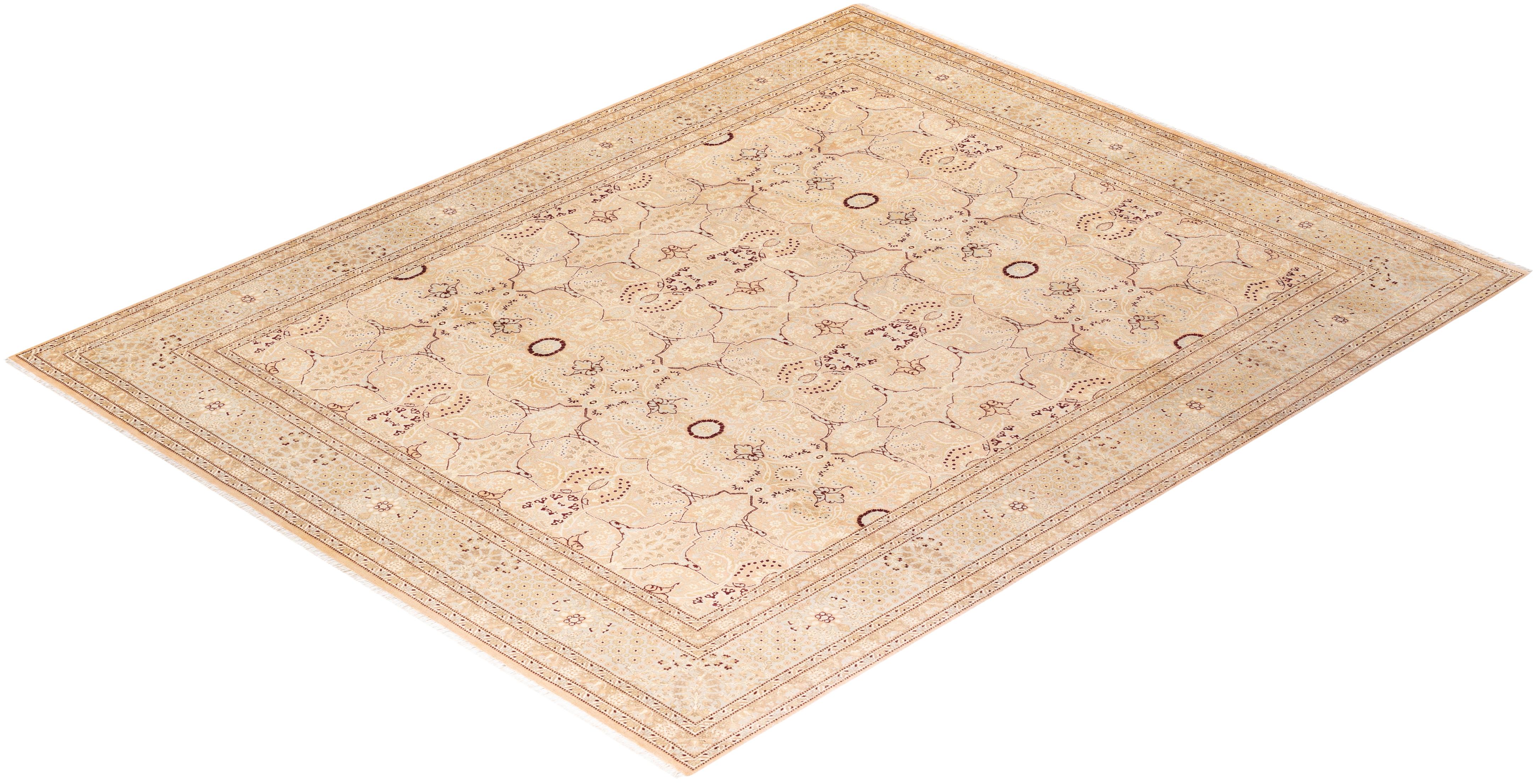 Handgeknüpfter, geblümter Mogul-Teppich in Beige, Unikat im Angebot 2
