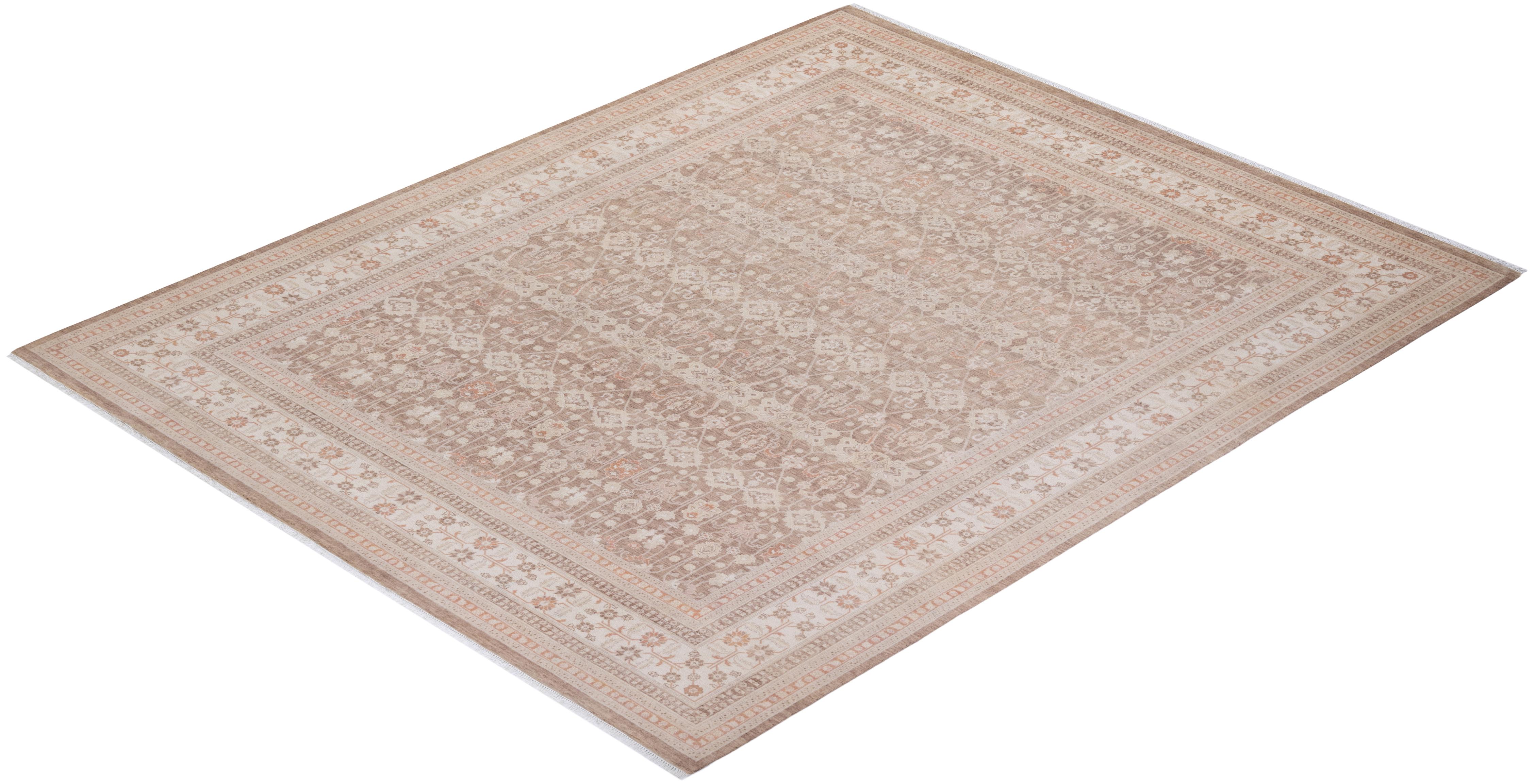 One-of-a-kind Hand Knotted Floral Mogul Beige Area Rug For Sale 2
