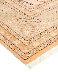 Handgeknüpfter, geblümter Mogul Teppich in Beige, Unikat, Unikat