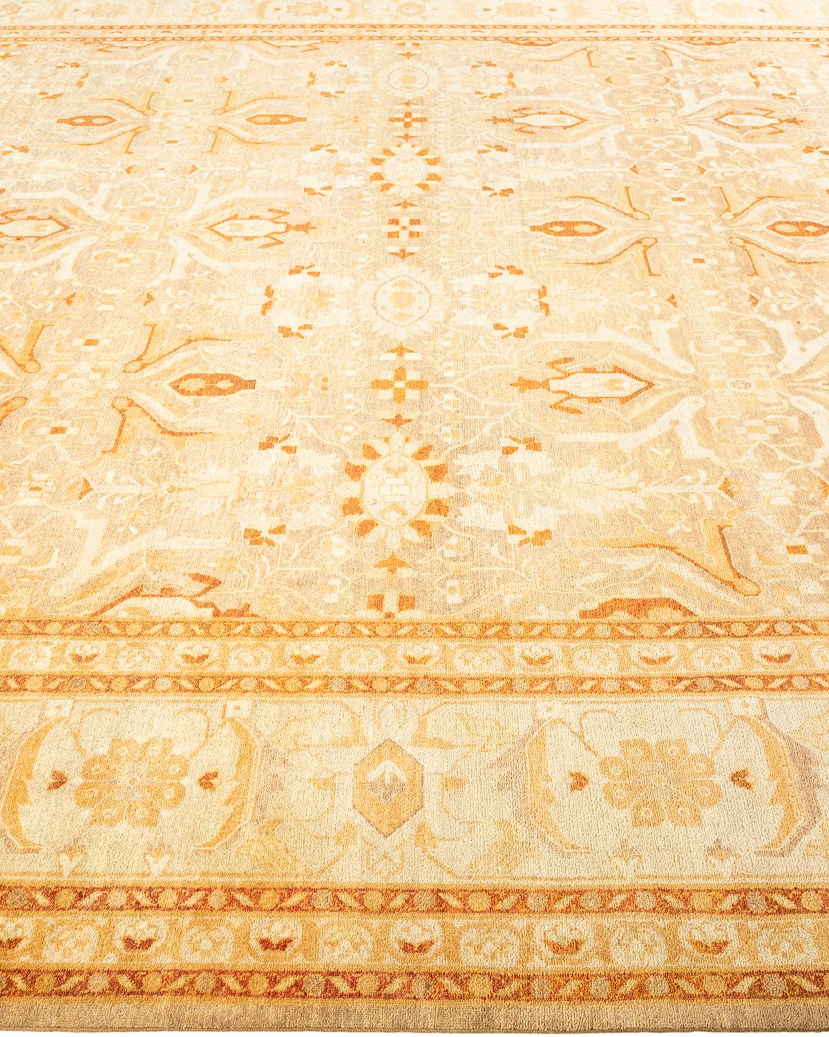 One-of-a-Kind Hand Knotted Floral Mogul Beige Area Rug In New Condition For Sale In Norwalk, CT