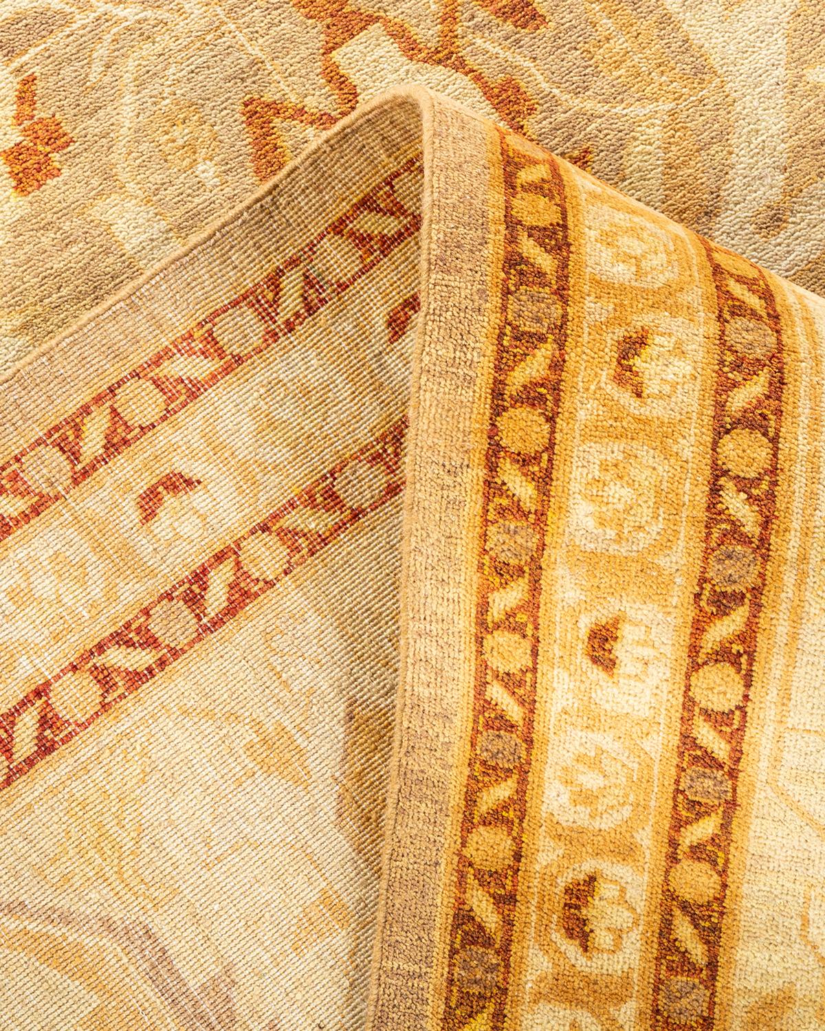Wool One-of-a-Kind Hand Knotted Floral Mogul Beige Area Rug For Sale