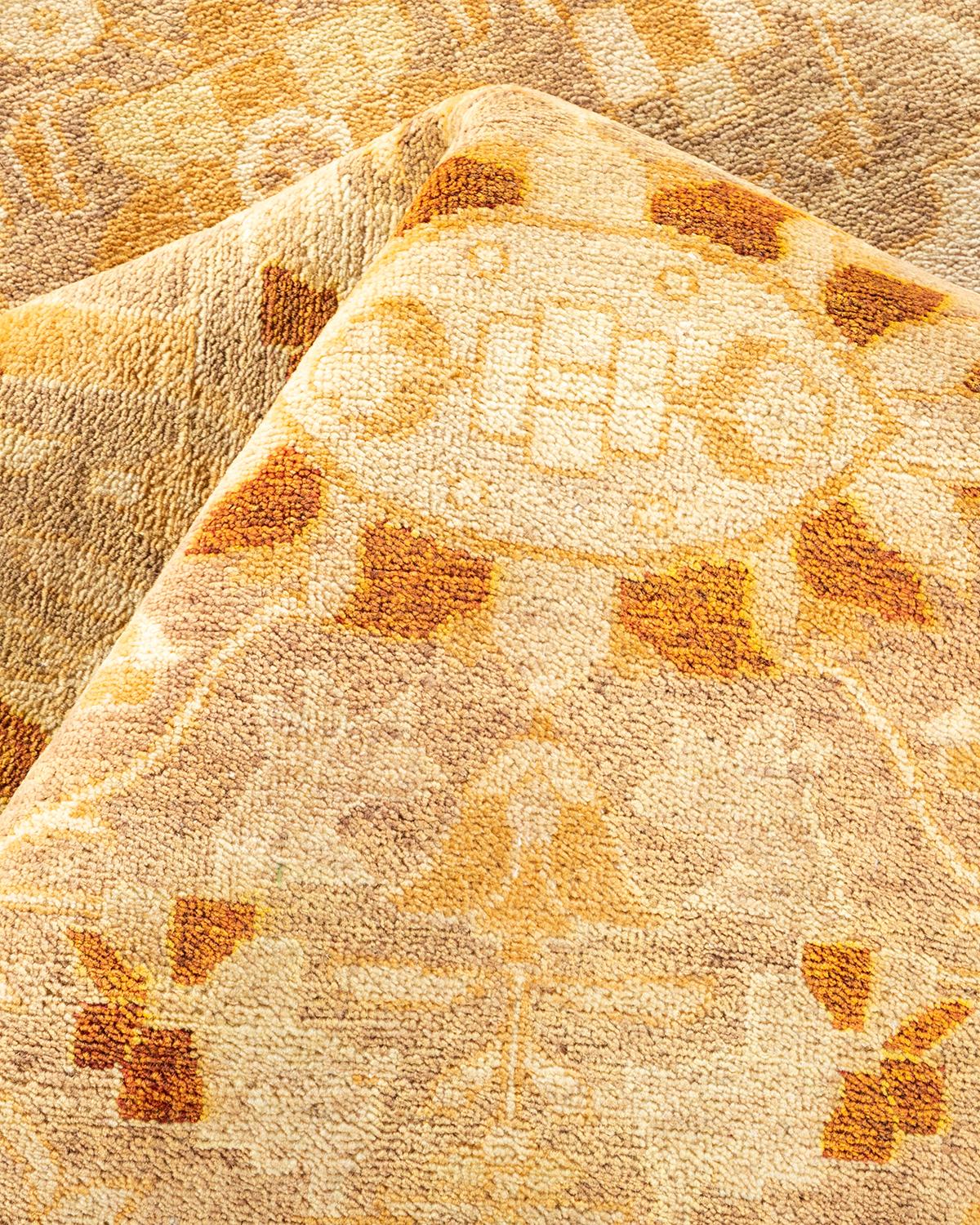 One-of-a-Kind Hand Knotted Floral Mogul Beige Area Rug For Sale 1