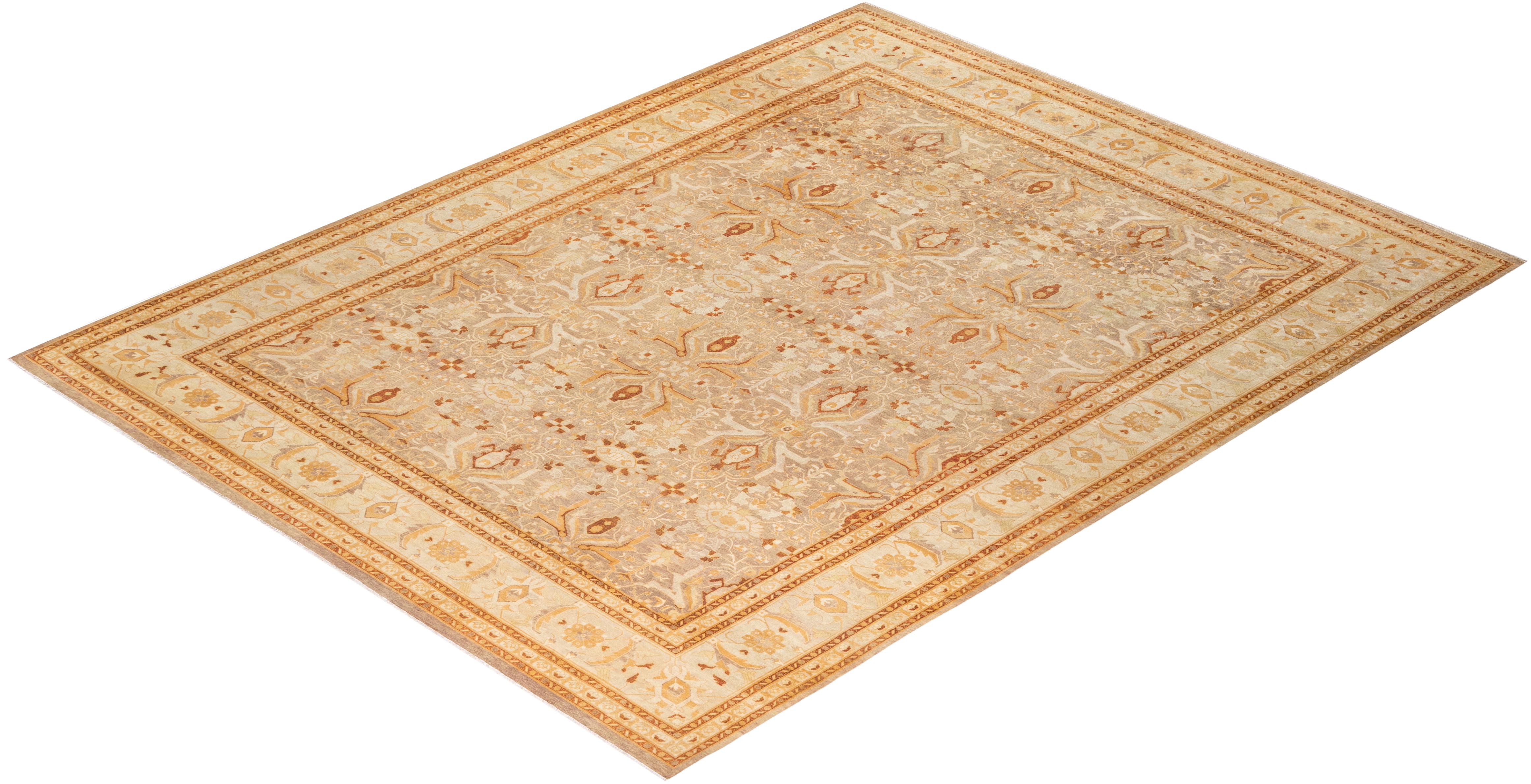 One-of-a-Kind Hand Knotted Floral Mogul Beige Area Rug For Sale 2