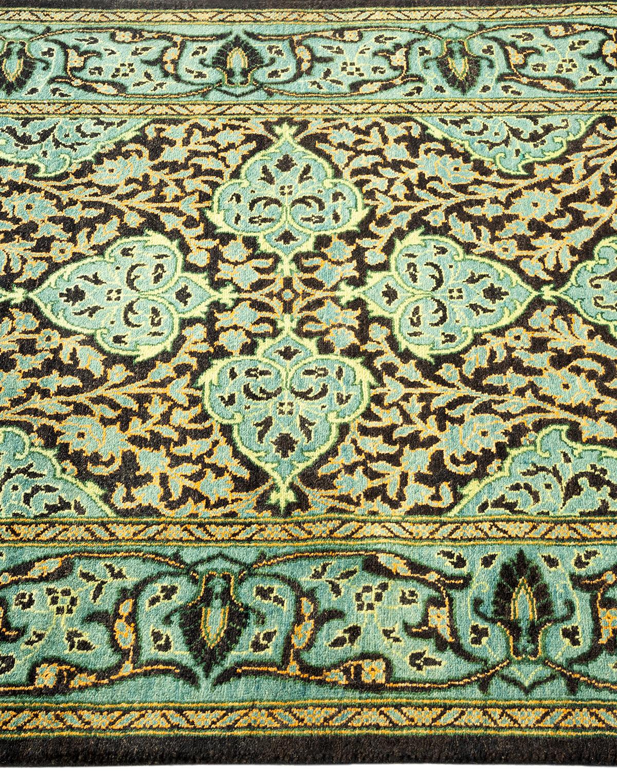 Tapis Mogul noir à fleurs noué à la main, unique en son genre, 2' 7