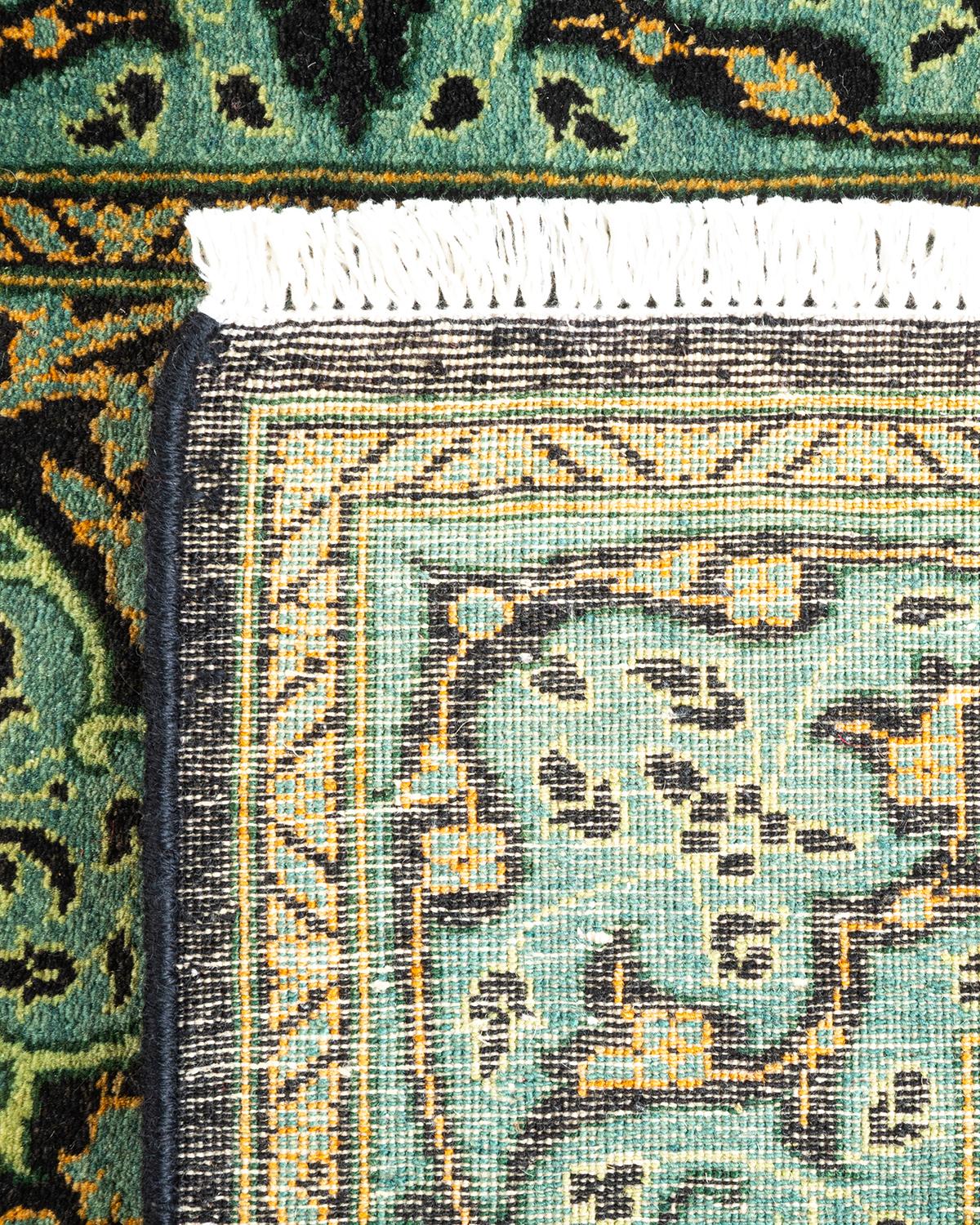 XXIe siècle et contemporain Tapis Mogul noir à fleurs noué à la main, unique en son genre, 2' 7