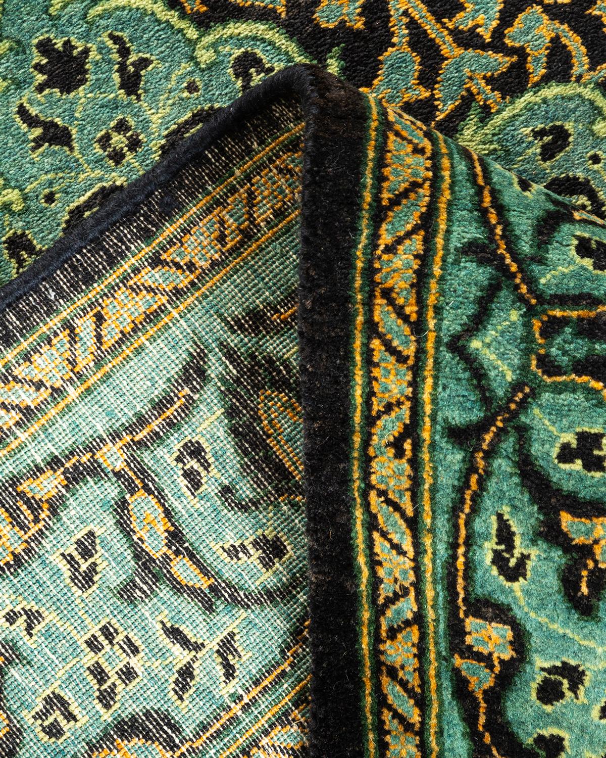 Laine Tapis Mogul noir à fleurs noué à la main, unique en son genre, 2' 7