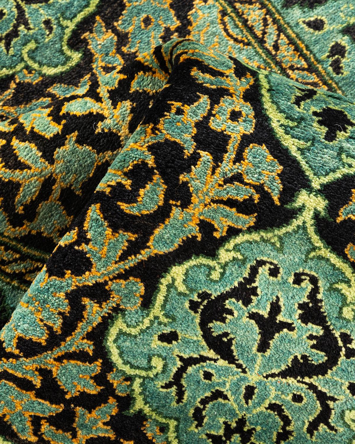 Tapis Mogul noir à fleurs noué à la main, unique en son genre, 2' 7