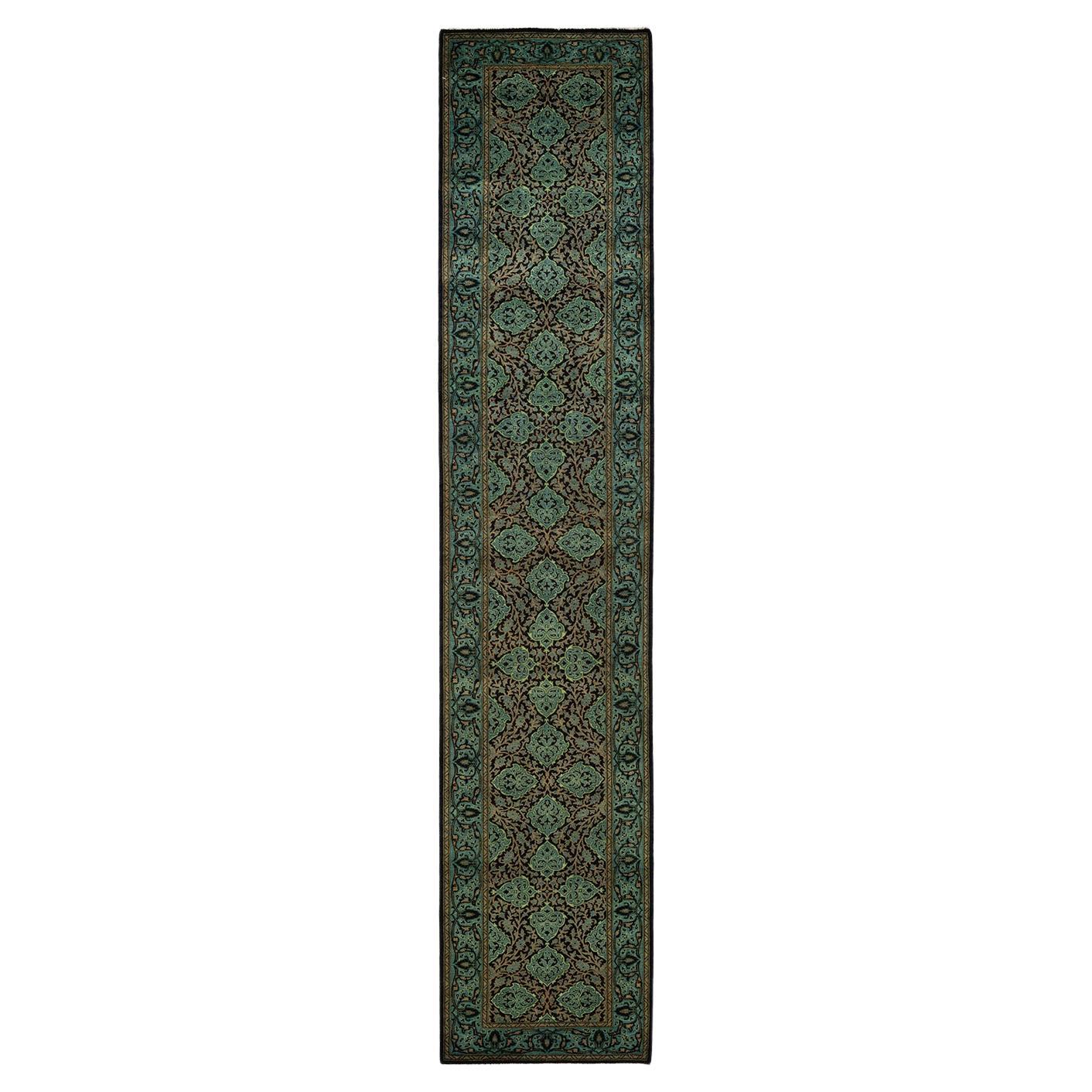 Tapis Mogul noir à fleurs noué à la main, unique en son genre, 2' 7"" x 13' 4" en vente