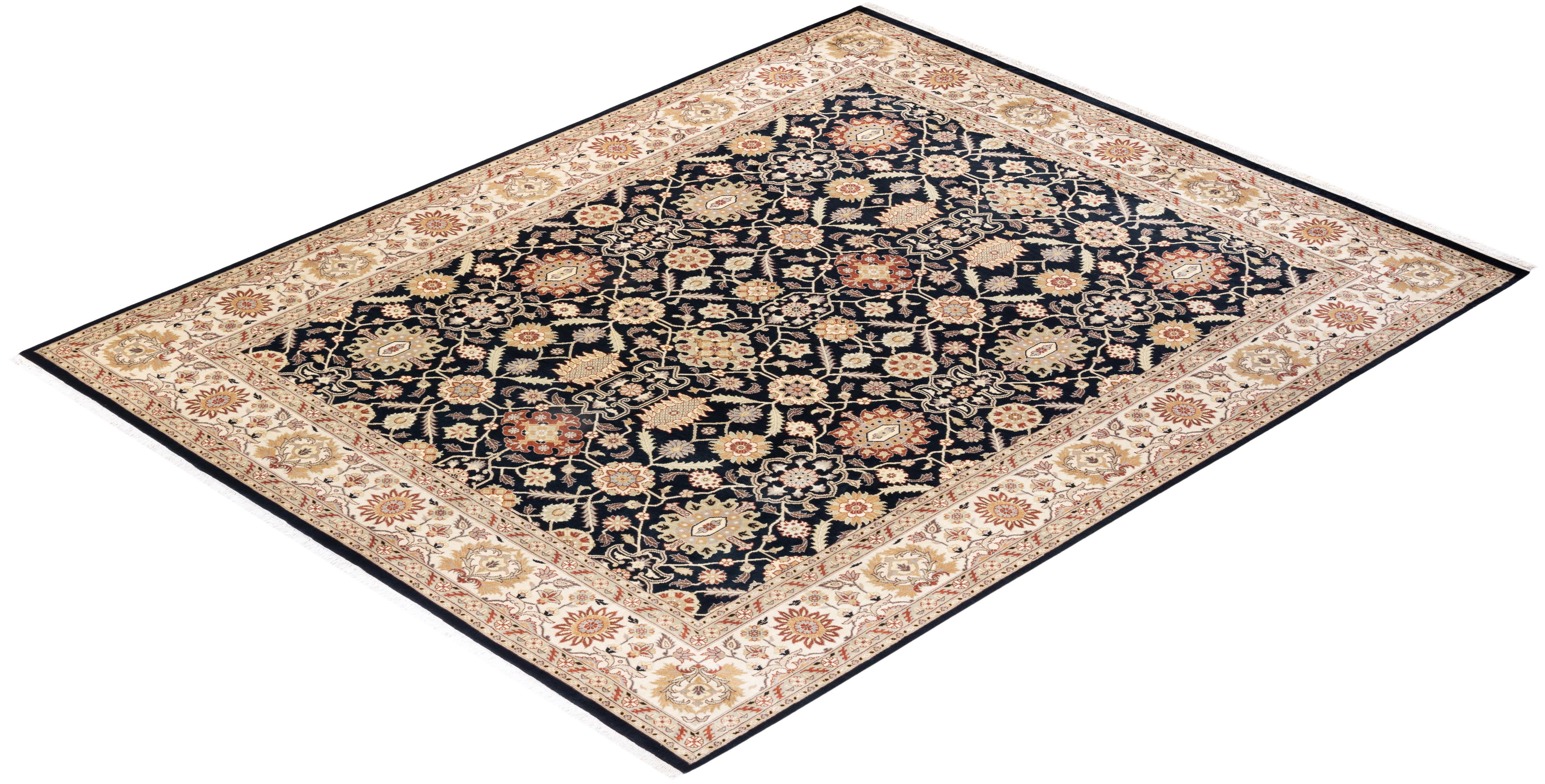 Tapis Mogul noir à fleurs noué à la main, unique en son genre en vente 2