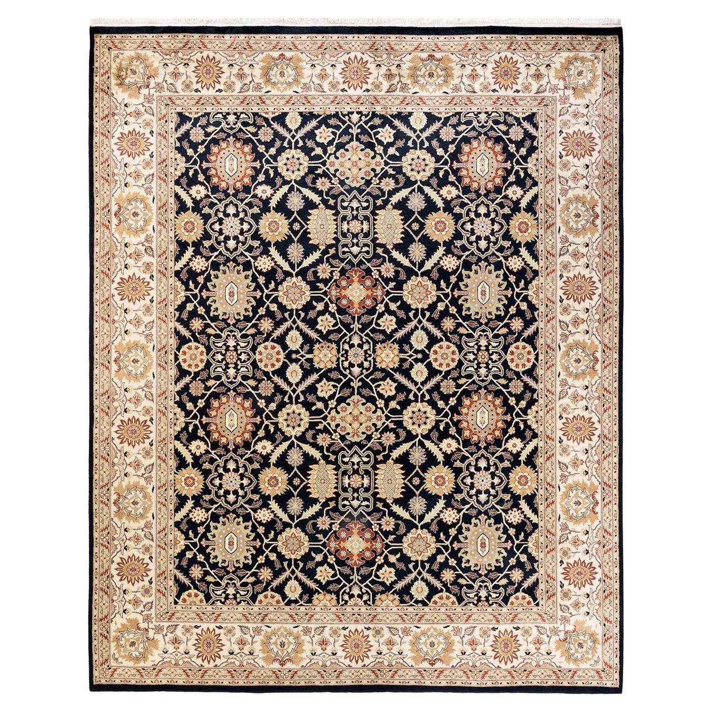 One-of-a-Kind Hand Knotted Floral Mogul Black Area Rug