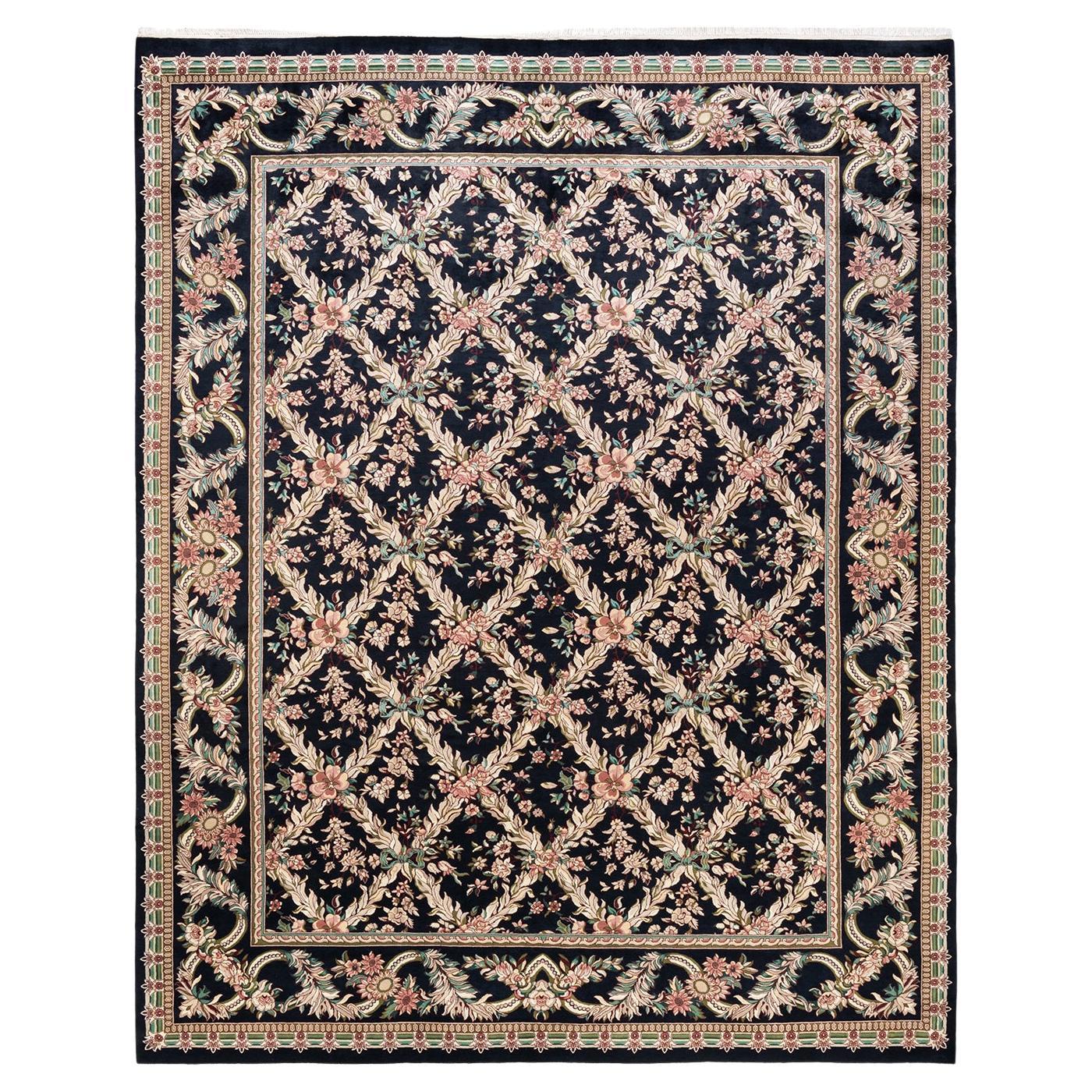 One-Of-A-Kind Hand Knotted Floral Mogul Black Area Rug
