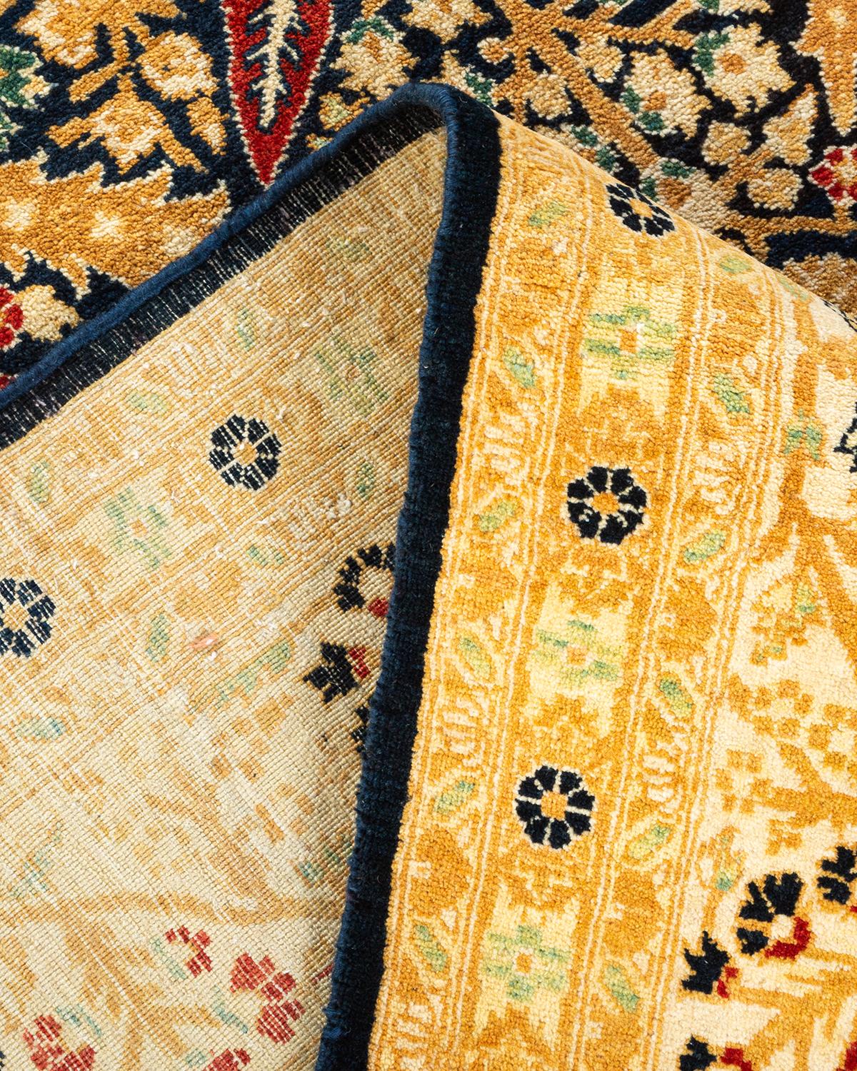 Laine Tapis Mogul bleu à fleurs noué à la main, unique en son genre en vente