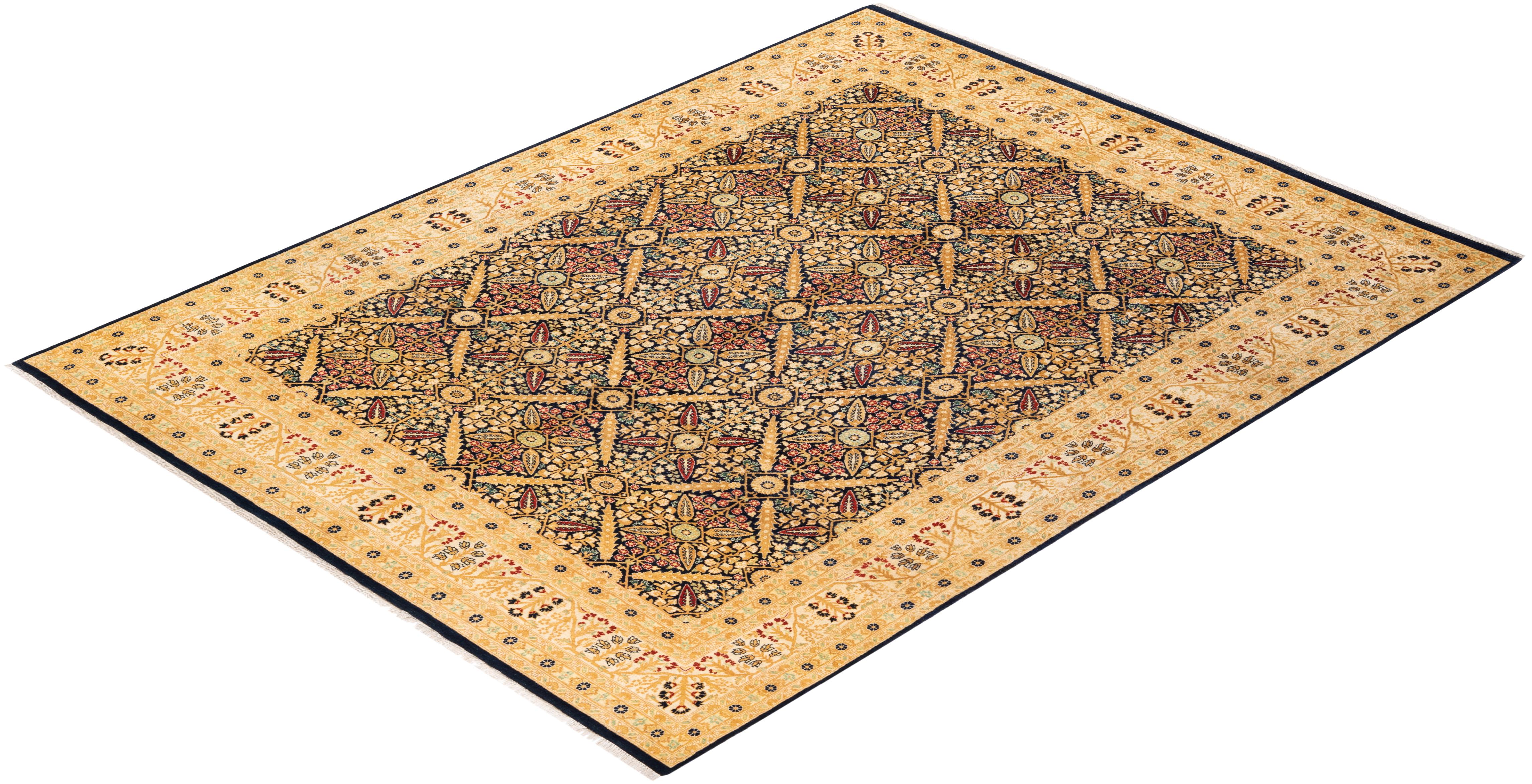 One-of-a-kind Hand Knotted Floral Mogul Blue Area Rug For Sale 2