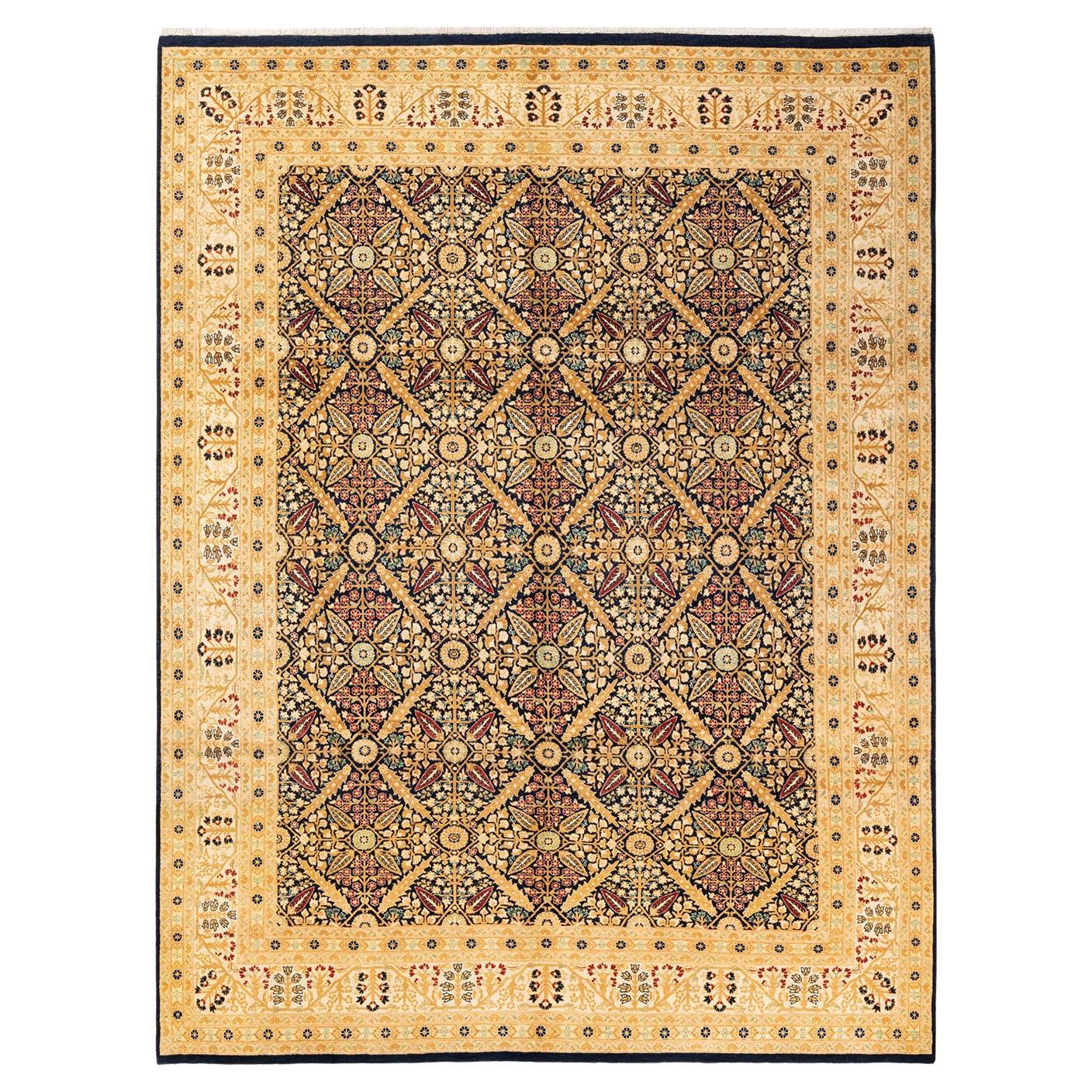 One-of-a-kind Hand Knotted Floral Mogul Blue Area Rug For Sale