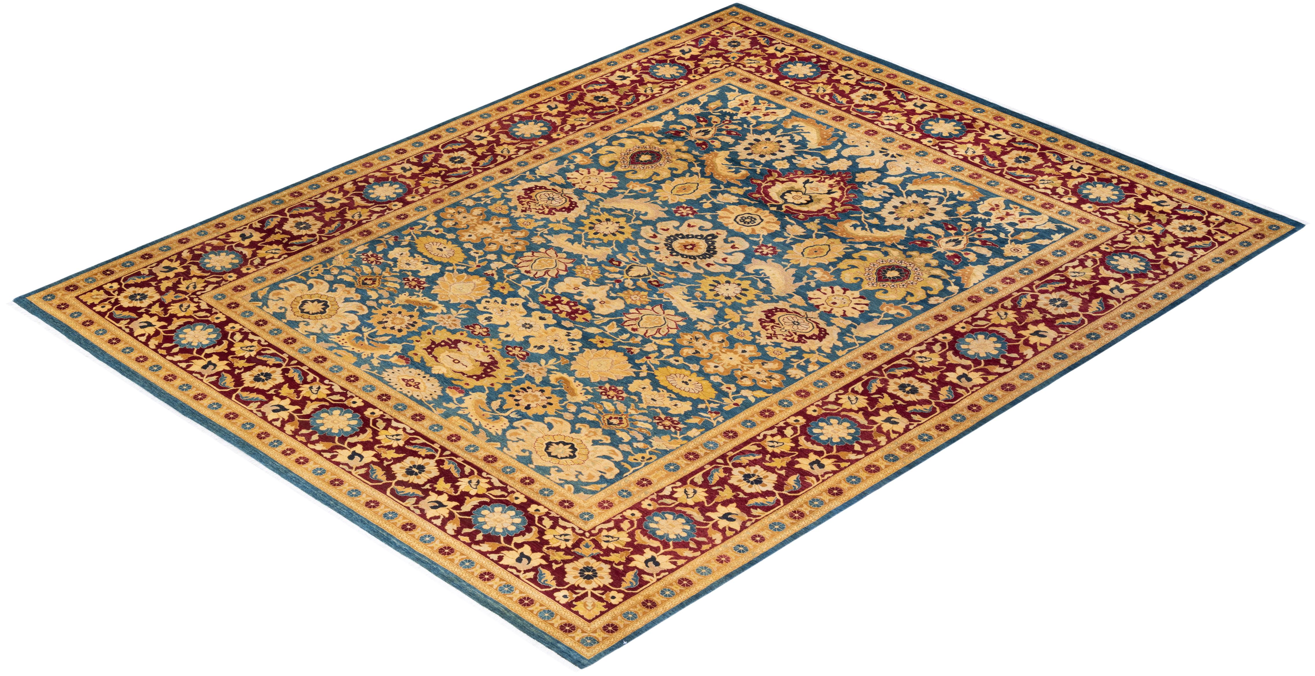 Tapis Mogul bleu à fleurs noué à la main, unique en son genre en vente 2