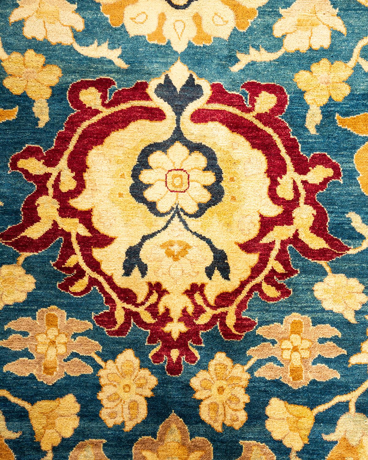 Pakistani One-Of-A-Kind Hand Knotted Floral Mogul Blue Area Rug For Sale