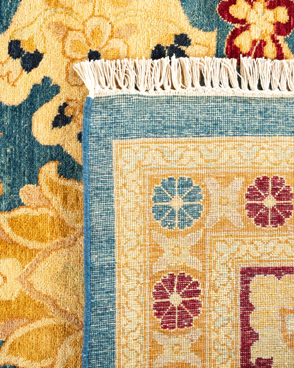 Contemporary One-Of-A-Kind Hand Knotted Floral Mogul Blue Area Rug For Sale